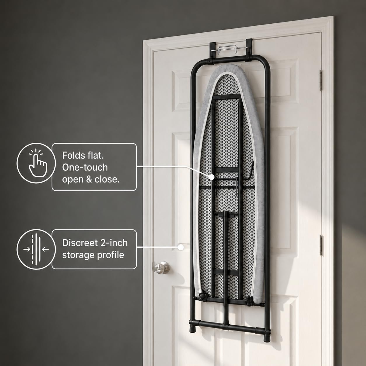 Household Essentials Over the Door Ironing Board, Self-Closing, Slim and Compact, Perfect for Small Spaces, Includes Padded Board Cover, Matte Black