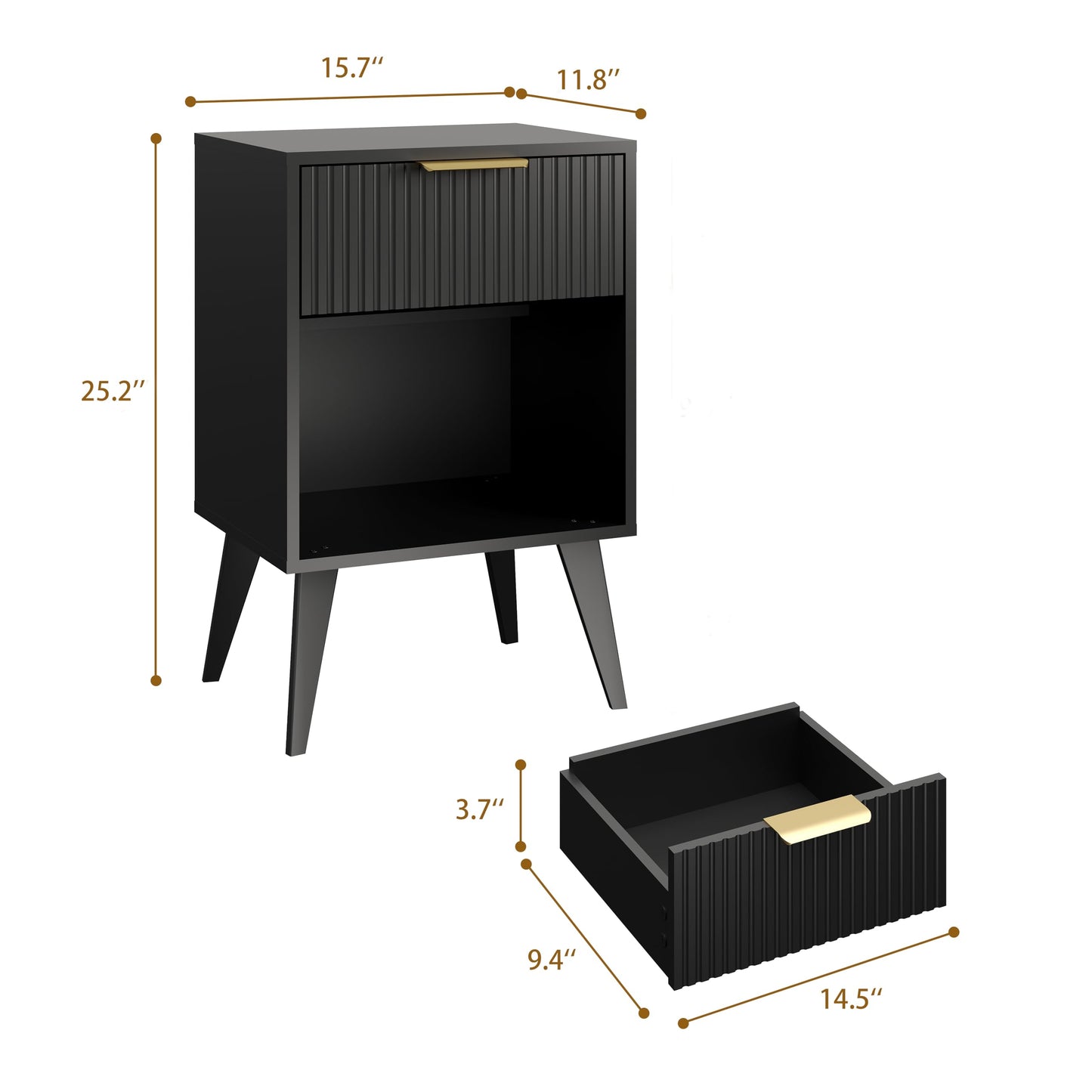 YAUKOMEL Fluted Night Stand with Opening Storage,Mid Century Bedside Table with Drawer,Black Nightstand with Wood Legs,End Table Side Table for Living Room,Bedroom,11.8" Dx15.7 Wx 25.2" H CTG56BK