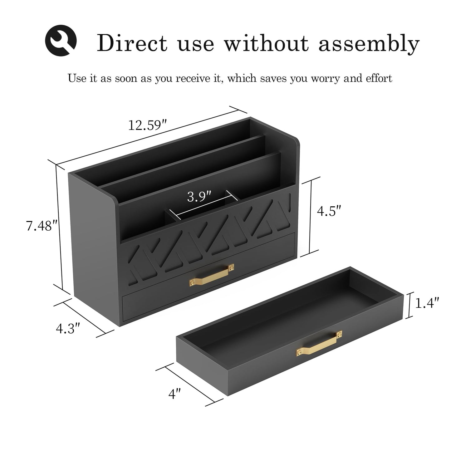 WISUCART Bamboo Mail Organizer Countertop Wood Desk Organizer Drawer Tabletop Storage Box Letter Sorter Makeup Organizer for School Home Office Supplies Black