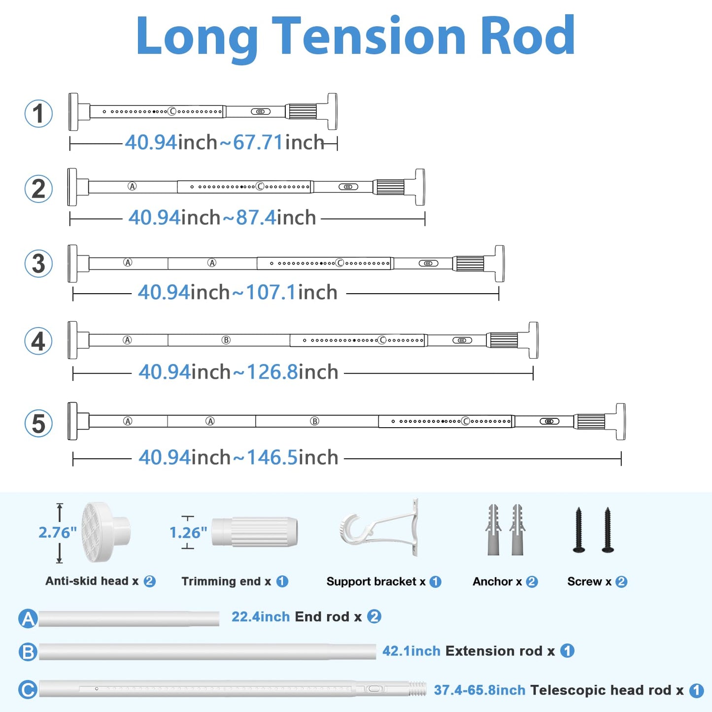 Long Tension Rod 39-144inch White Tension Curtain Rods no Drilling 1.26" Diameter Outdoor Curtain Rod for Patio,Windows,Shower,Doorway,Heavy Duty Spring Rods