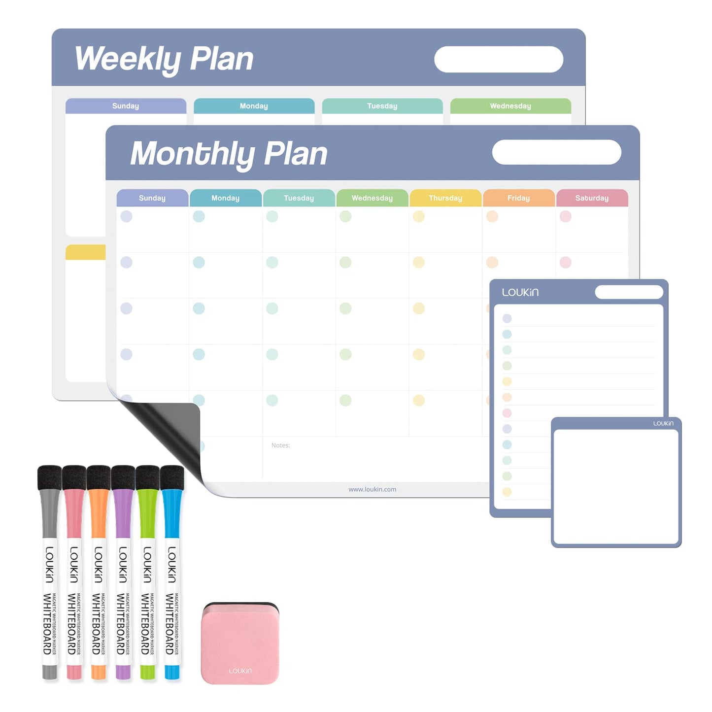 Loukin Dry Erase Calendar 4 Pack(Monthly+Weekly+Checklist+Mini Note), Electrostatic Adsorption Whiteboard Planners, Reusable Schedule for Office, Classroom, Refrigerator, 6Markers & 1Eraser Included