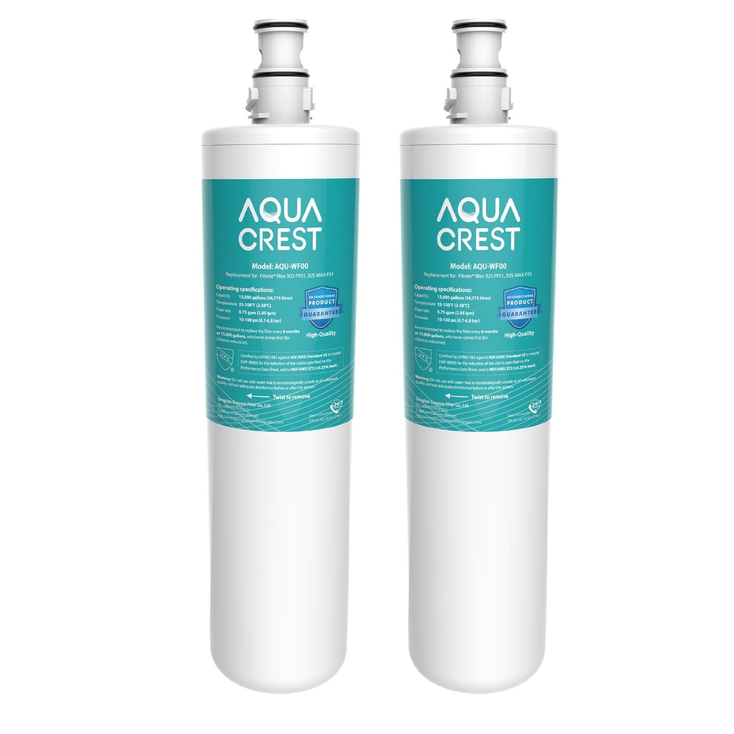 AQUA CREST 3US-PF01 Under Sink Water Filter, Replacement for Standard Filtrete® 3US-PF01, 3US-MAX-F01H, 3US-PF01H, Delta RP78702, Manitowoc K-00337, K-00338, HF20 HF25 HF27, NSF 42 Certified, 2 Pack