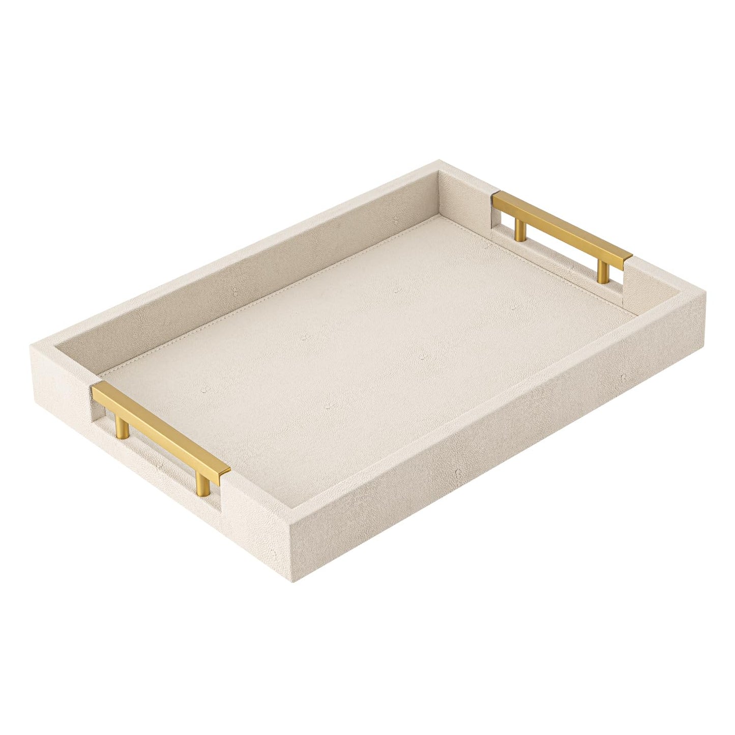 Beige Faux Leather Serving Tray with Handles – Large Decorative Tray for Coffee Table, Ottoman, Living Room, Bathroom – Home Decor