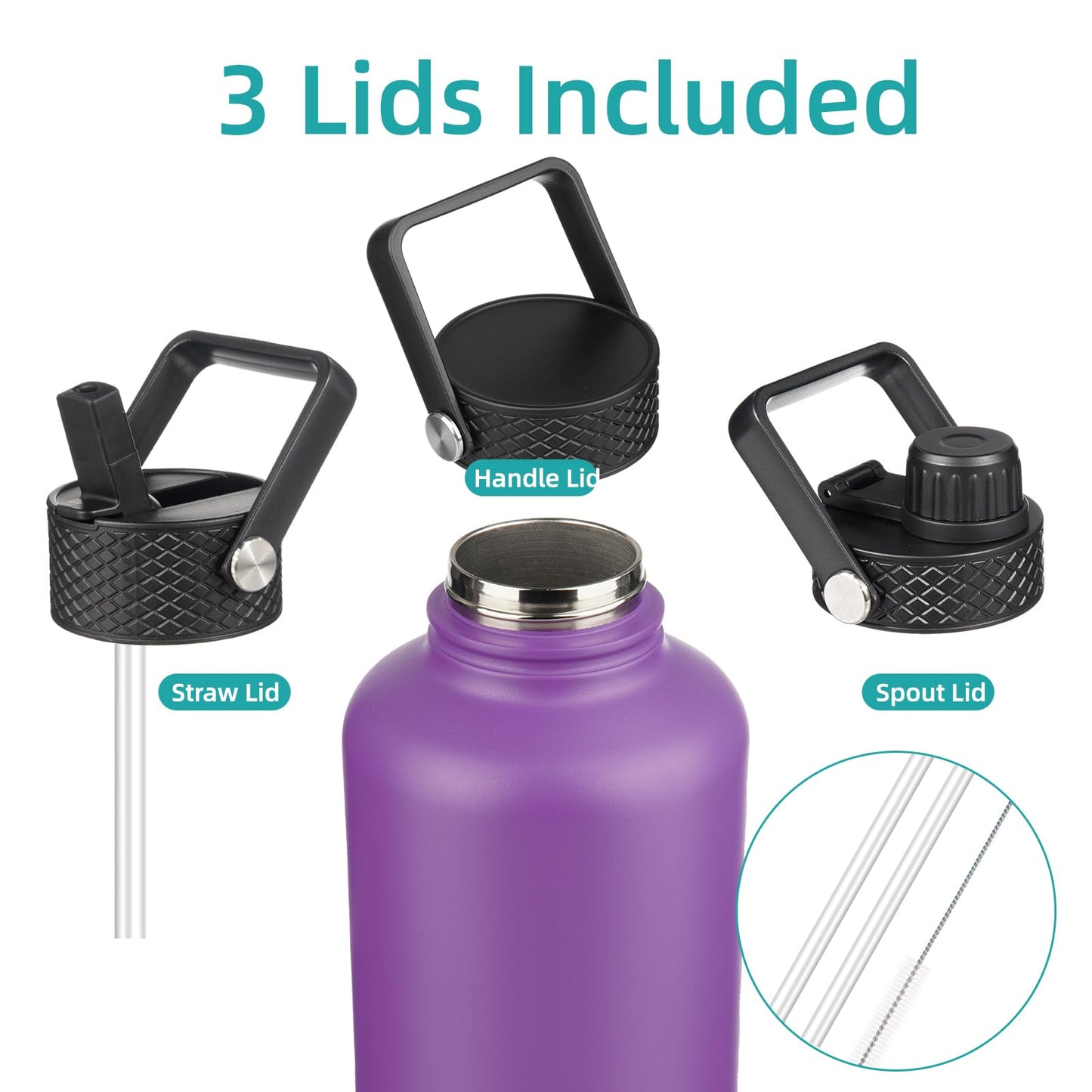 Konokyo Half Gallon Insulated Water Bottle with Straw,64 oz 3 Lids Water Jug with Carrying Bag,Paracord Handle,Double Wall Vacuum Stainless Steel Metal Flask,Purple