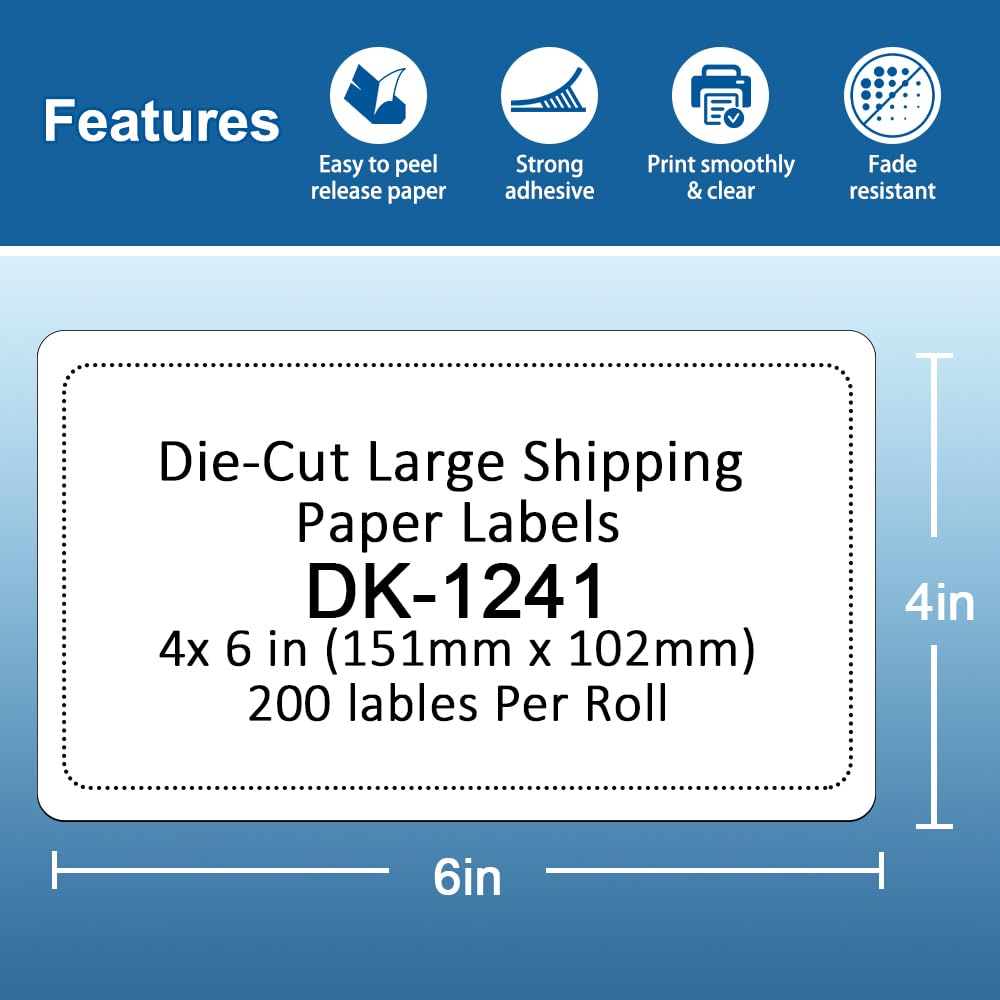 Label KINGDOM Replace for DK-1241 Brother 4" x 6" Die-Cut Large Shipping Label, 102 mm x 152 mm 200/Roll White Paper Address Label for QL-1100 QL-1110NWB Label Printer (10 Rolls+1 Frame)