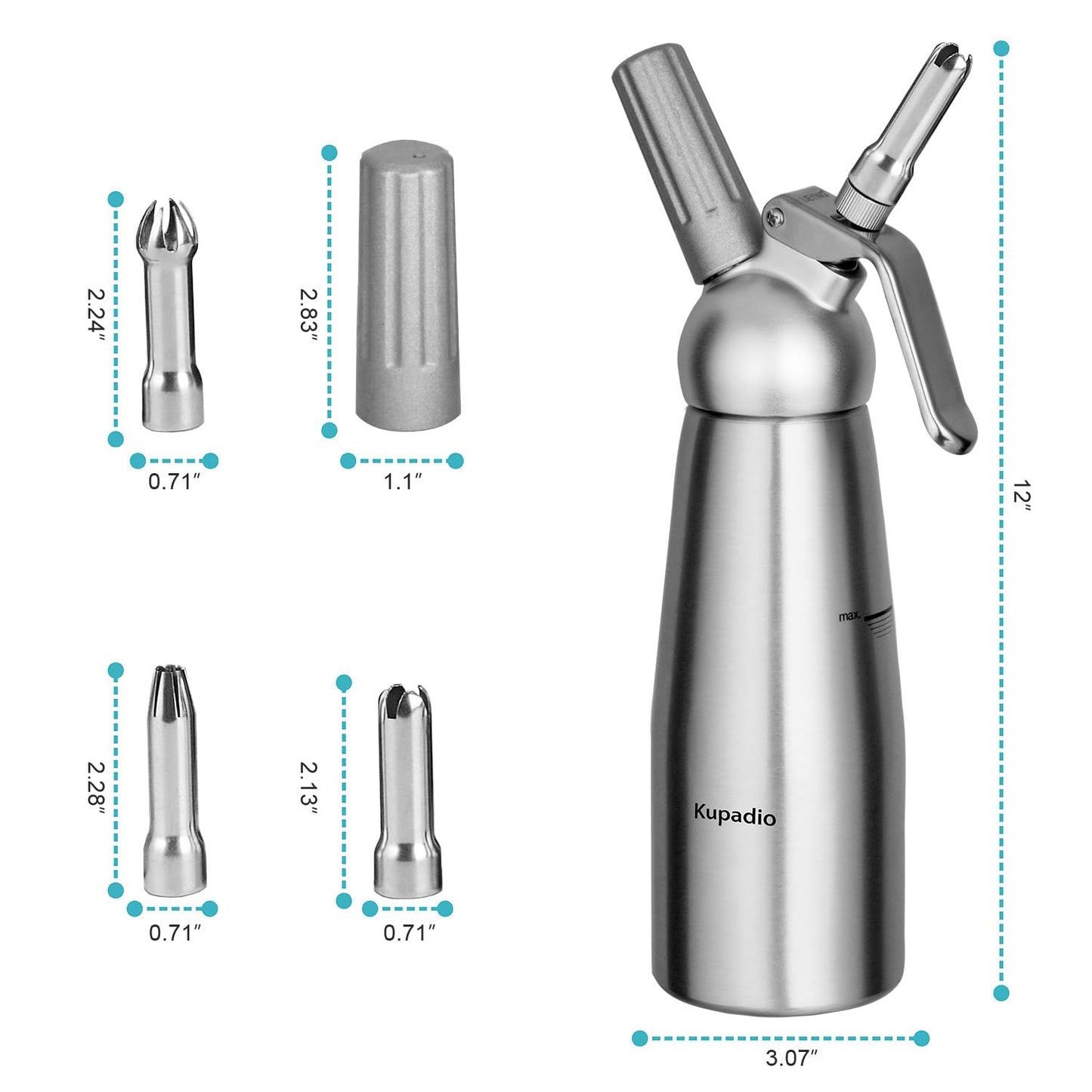 Professional Aluminum Whipped Cream Dispenser Cream Maker 500mL (1 Pint) for Desserts Gourmet Cream Whipper with 3 Decorating Nozzles- N2O Chargers (Not Included)