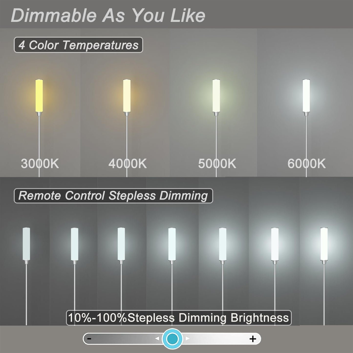 Nukanu Floor Lamp with Remote Control,Bright Floor Lamps for Living Room/Bedroom/Office, Stepless Adjustable 3000K-6000K Colors and 10-100% Brightness,Standing Light with Foot Switch (Nickel)