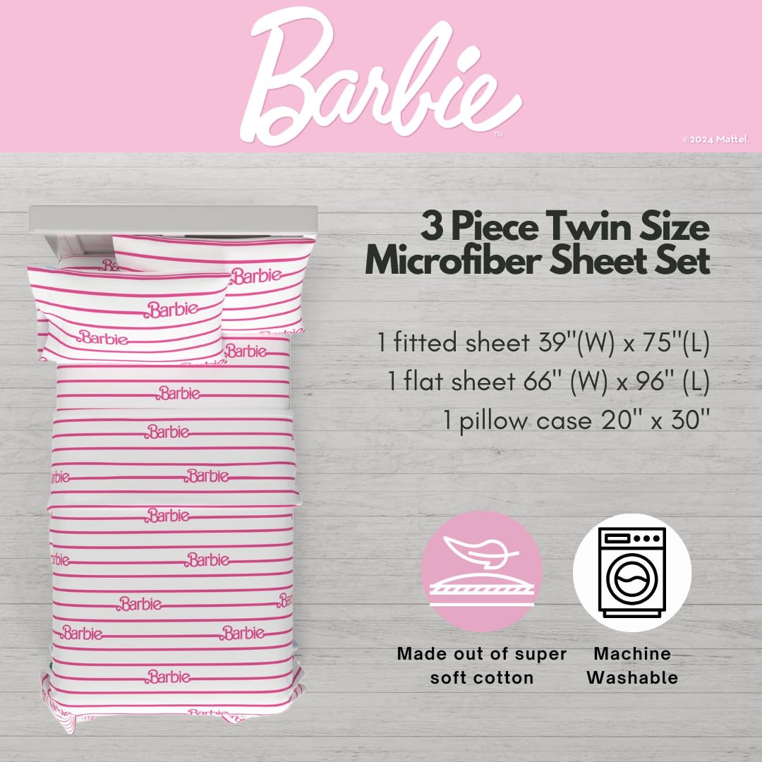 Barbie Logo Bedding Super Soft Cozy Microfiber 3 Piece Twin Sheet Set, (Officially Licensed Product) by Franco
