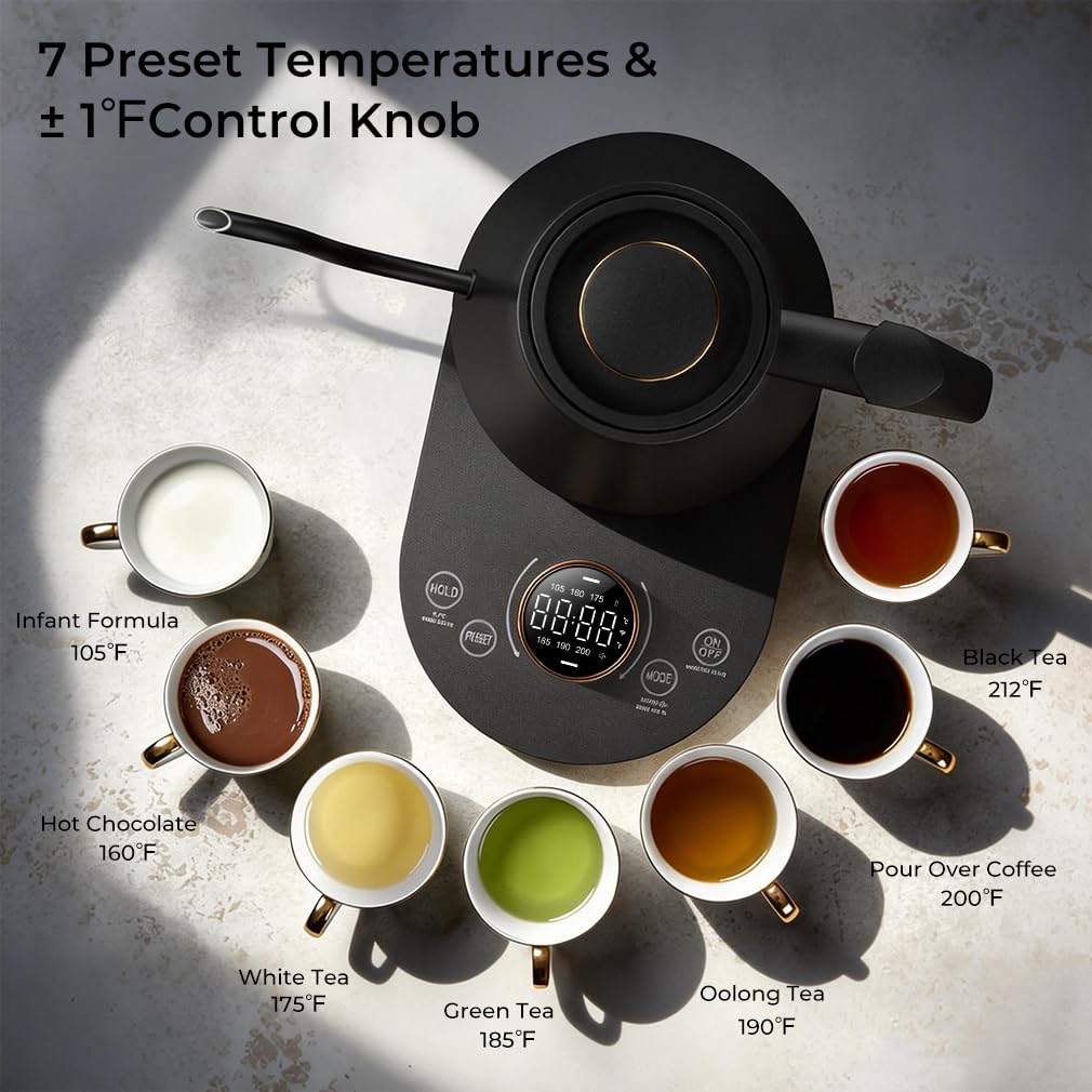 Onlicuf Electric Gooseneck Kettle with Temperature Control, 0.8L Pour Over Coffee, ±1°F Precision Heating, 7 Presets, Stainless Steel Inner, Electric Tea Kettle with 2H Keep Warm, Matte Black