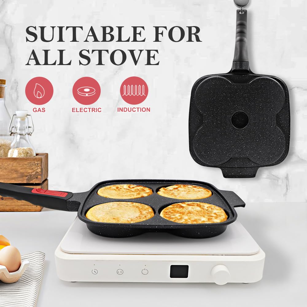 RANX INGST 10 inch Large Egg Pan with Lid, 4-Cup Pancake Pan Nonstick Omelette Skillet with Detachable Handle Induction Compatible - Black
