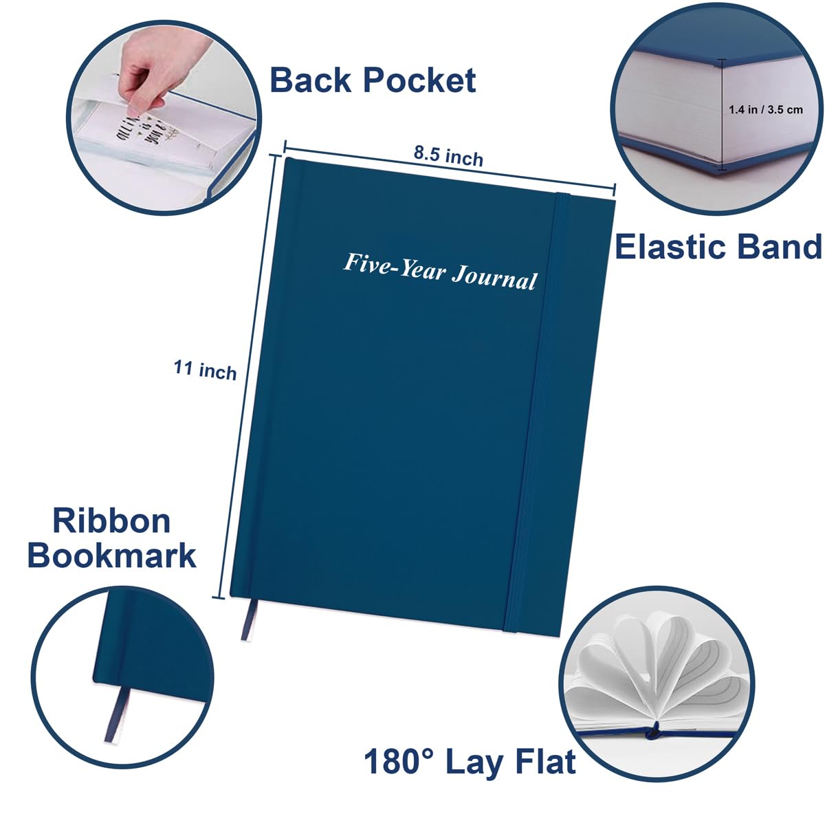 Hard Cover 5 Year Journal | The Easiest to Use Five Year Journal | Quick and Easy Five Year Memory Notebook | 8.5'' x11'', Blue