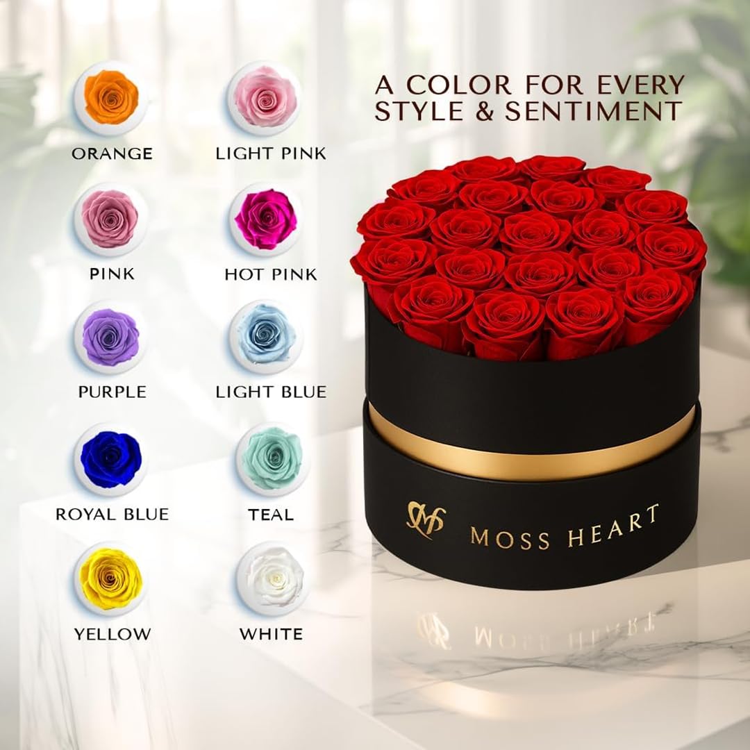 Moss Heart 20 Mini Preserved Roses, Round Luxury Gift Box, Real Forever Roses Last 1+ Year, Premium Romantic Gift for Women, Wife, Girlfriend, Mother’s Day, Birthday, Anniversary, Valentine’s Day