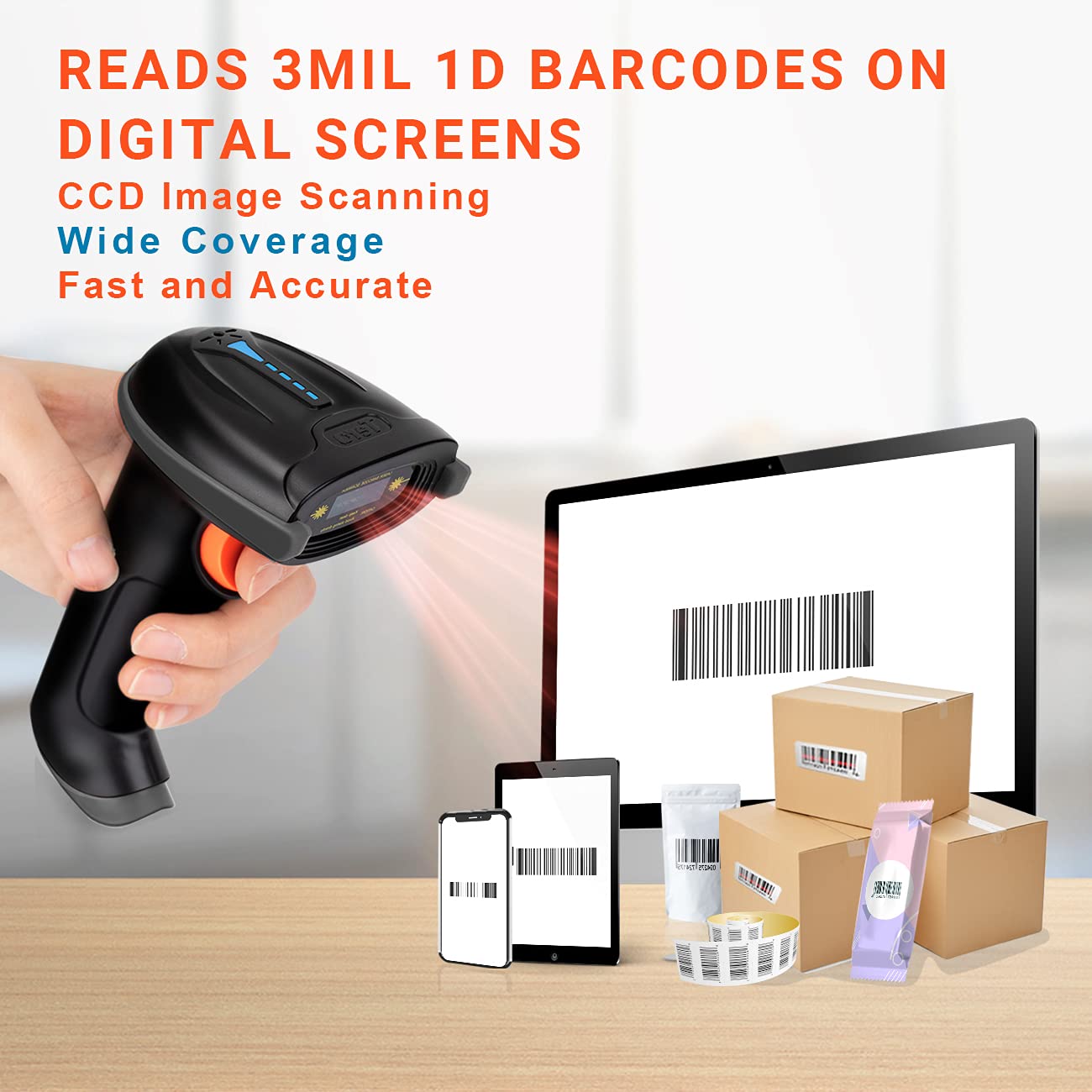 Tera Pro 1D Wireless Barcode Scanner 3 in 1 Bluetooth & 2.4G Wireless & USB Wired CCD Cordless 2500 Pixel Bar Code Reader with Battery Level Indicator for Windows Mac Android iOS Model T5100C,Orange