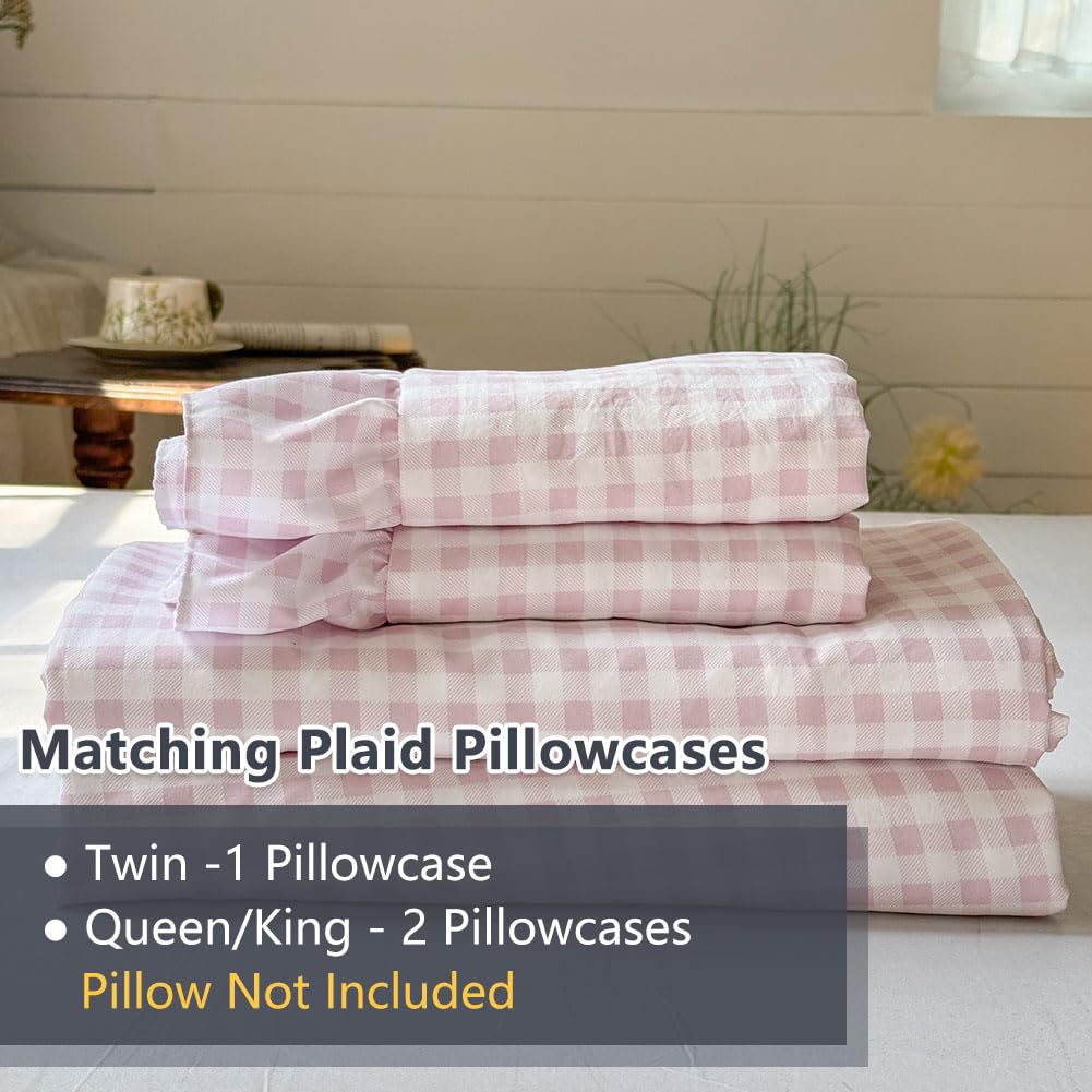 NSNLGSGC Pink Gingham Ruffle Queen Sheet Set, Pink Soft Pre-Washed Microfiber Plaid Queen Bed Sheets, 4-Pieces Farmhouse Sheet Set with Deep Pocket