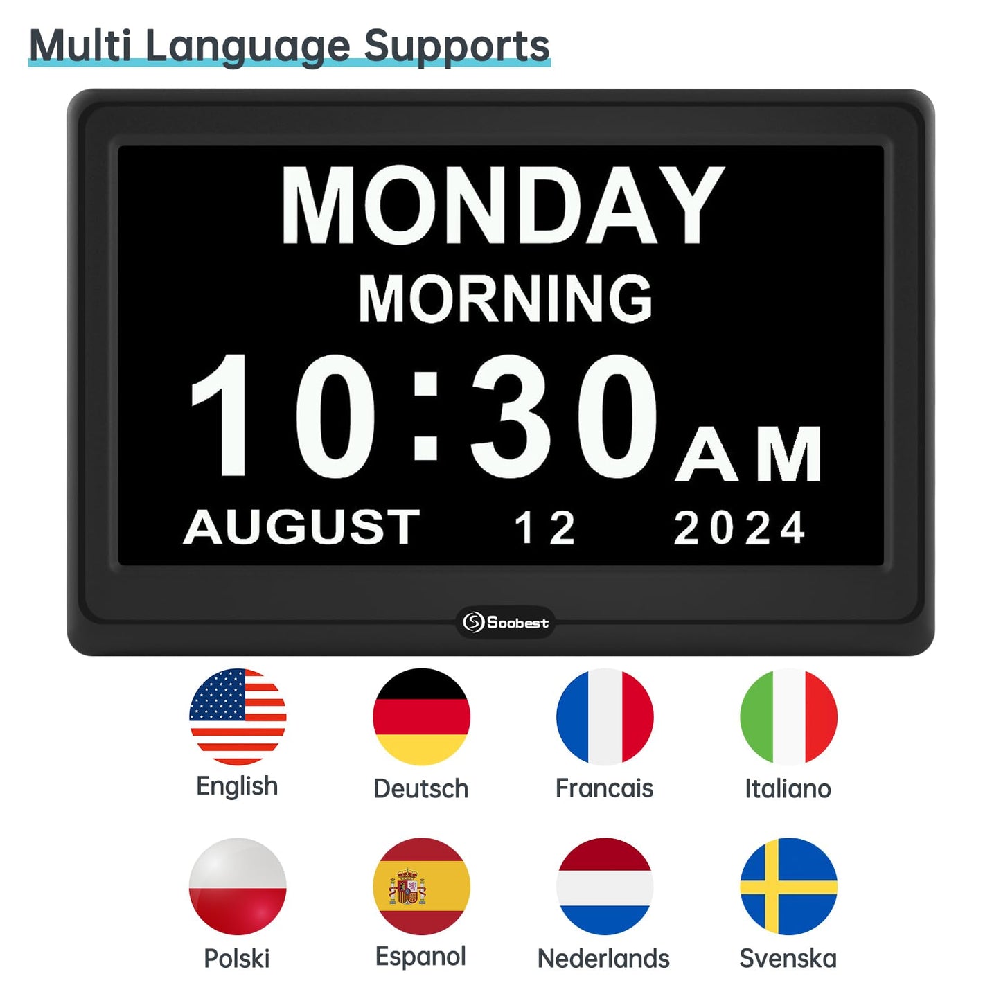 Soobest 12” Dementia Digital Clock for Seniors Extra Large, 20 Alarm Reminders Date Day Time Display for Elderly Memory Loss Alzheimers, Electric Calendar Clock, Auto DST, 1024 * 600P HD