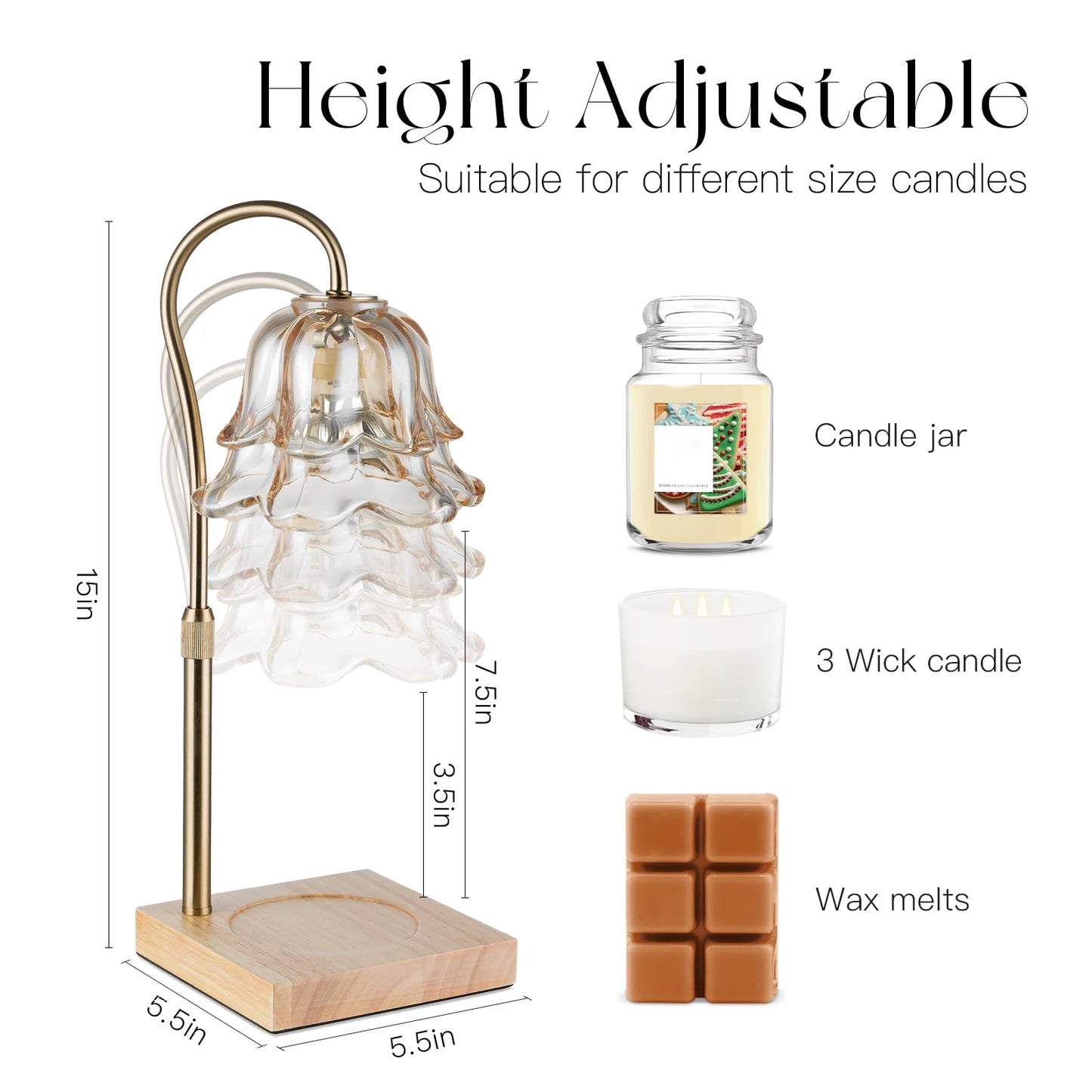 Candeldo Candle Warmer Lamp with Timer: Flower Gold Candle Lamps Height Adjustable Wax Melt House Warming Gifts New Home Decor Mothers Day Birthday Gift for Women Mom