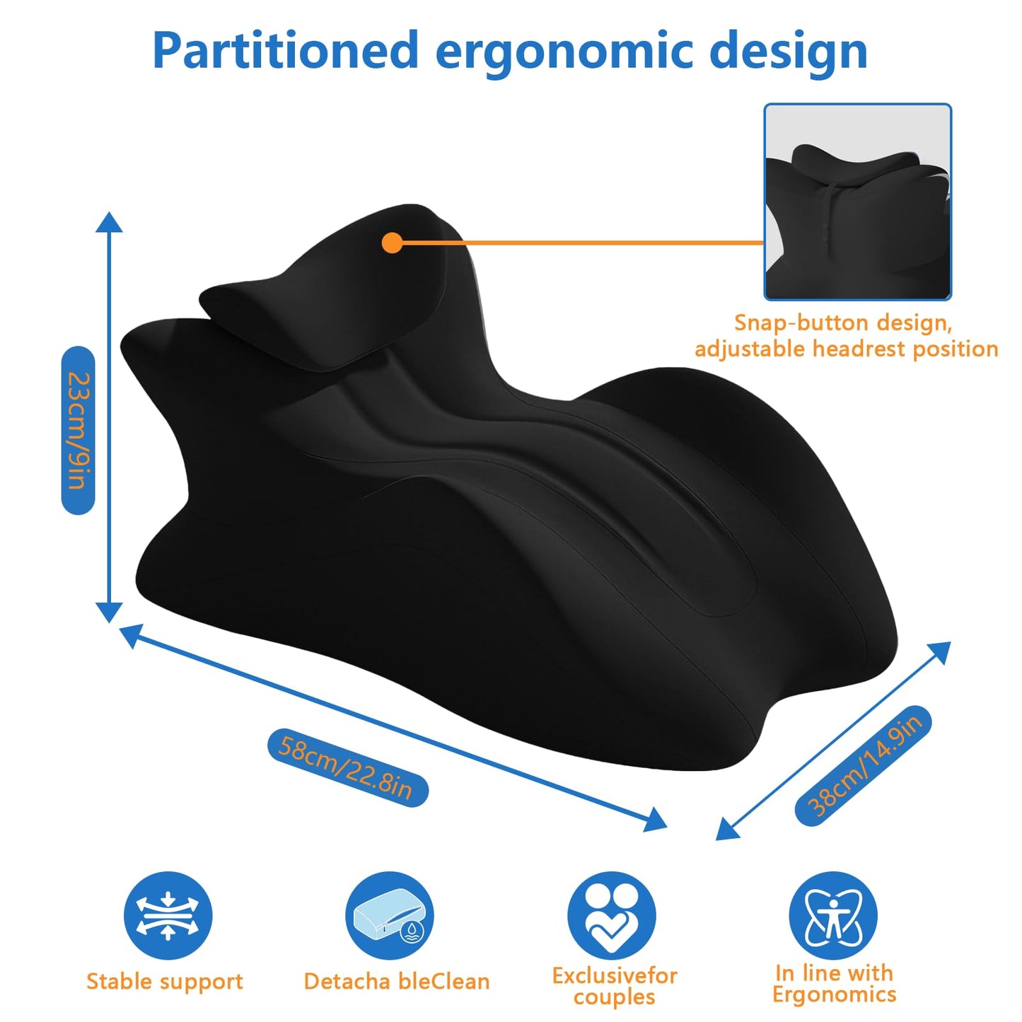 KUYOVORA Memory Foam Wedge Pillow, Ergonomic Contoured Intimacy Couples Pillow, 27° Angled Neck Support Pillow Back Support Cushion, Multi-Functional Bed Position Pillow with Removable Cover Black