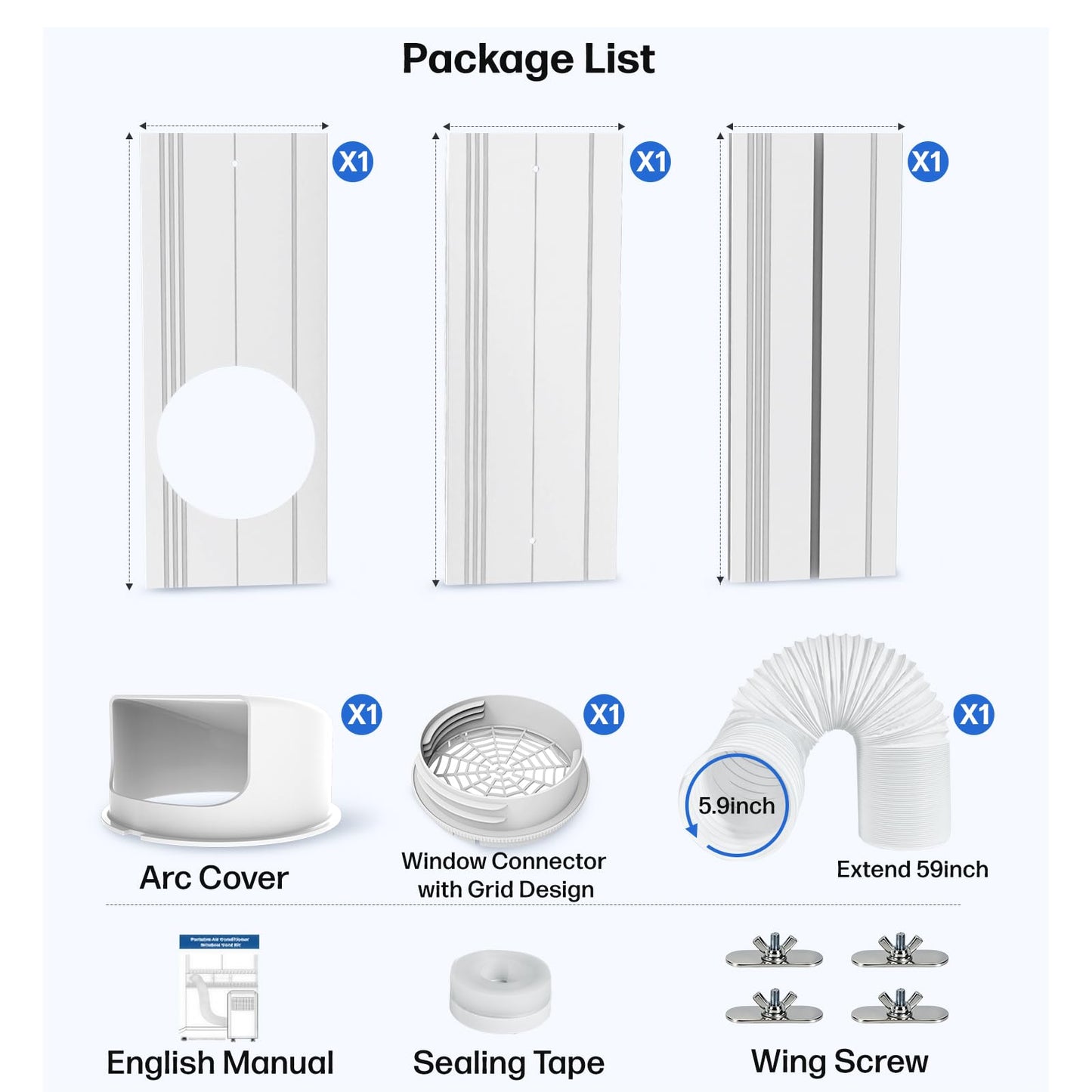 Portable Air Conditioner Window Seal Kit with 5.9" Counter-Clockwise Threaded Exhaust Hose, Portable AC Unit Window Ventilation Set with 3 Interlocking Adjustable Seal Panels