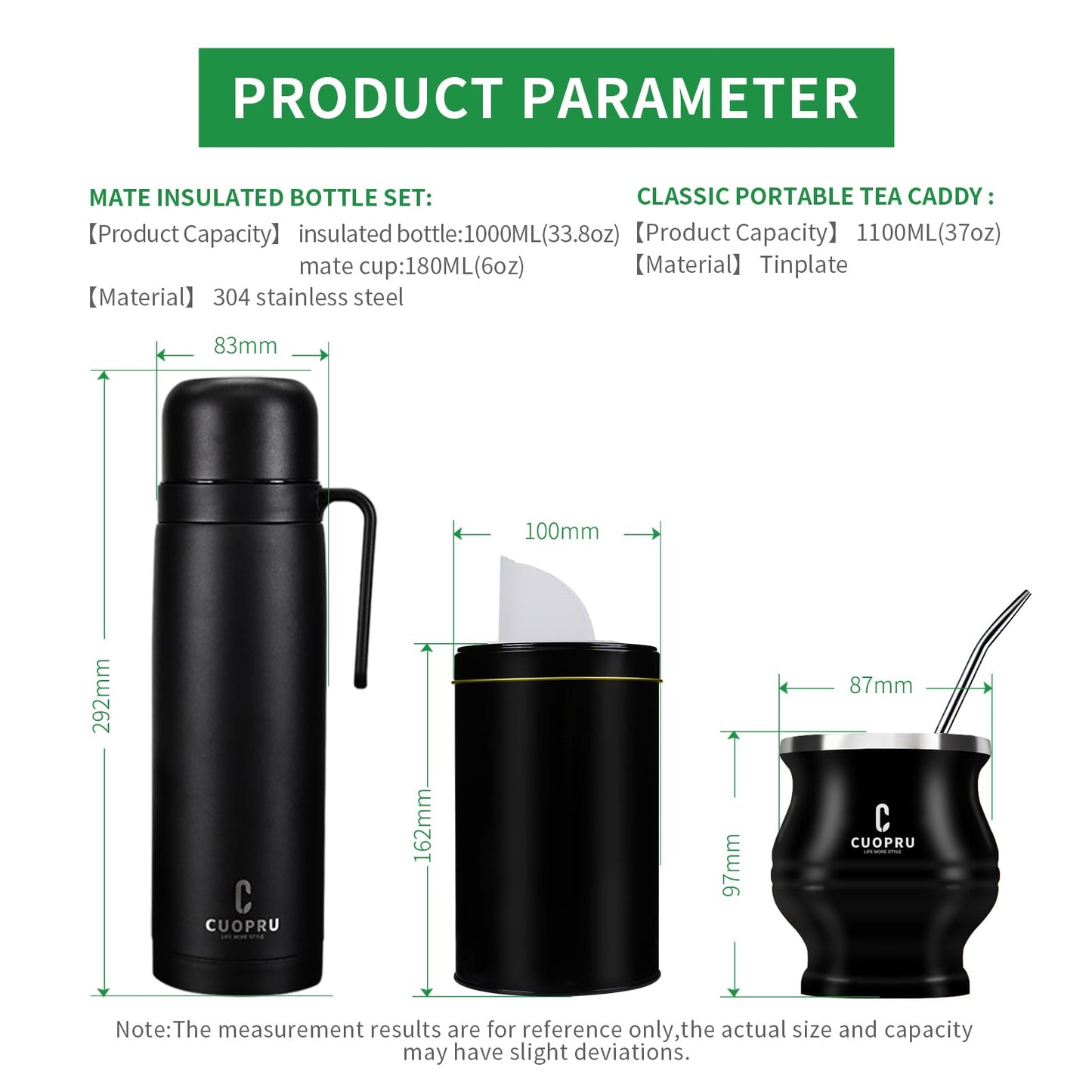 Cuopru Premium Stainless Steel Yerba Mate Kit, Gourd, 33.8oz Insulated Bottle, Container, Bombilla, Cleaning Brush, Tea Filter Set, Matte Black