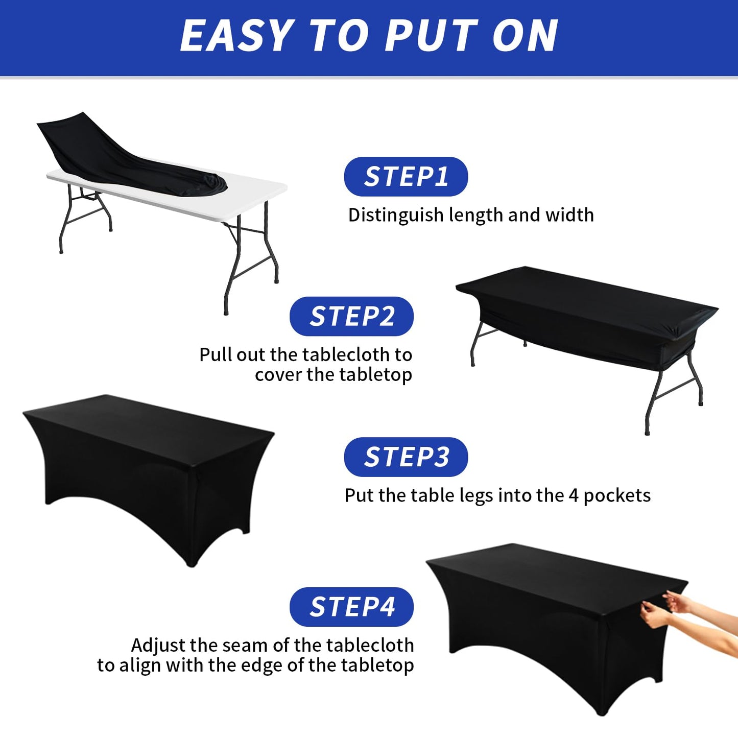 Fixwal 3 Pack Black Tablecloth Rectangle 8Ft, Stretch Spandex Fitted Table Cover for Party, Trade Show, Wedding, Buffet, Graduation, Vendor Stand