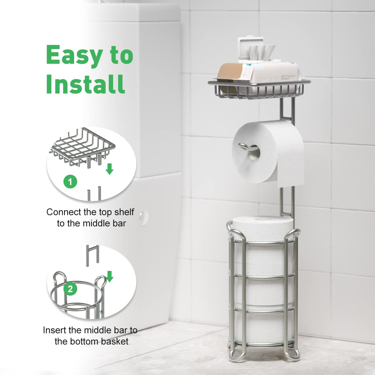 Toilet Paper Holder Stand Bathroom Tissue Dispenser Holders Rack Free Standing with Extra Shelf Storage Mega Rolls/Phone/Wipe - Silver