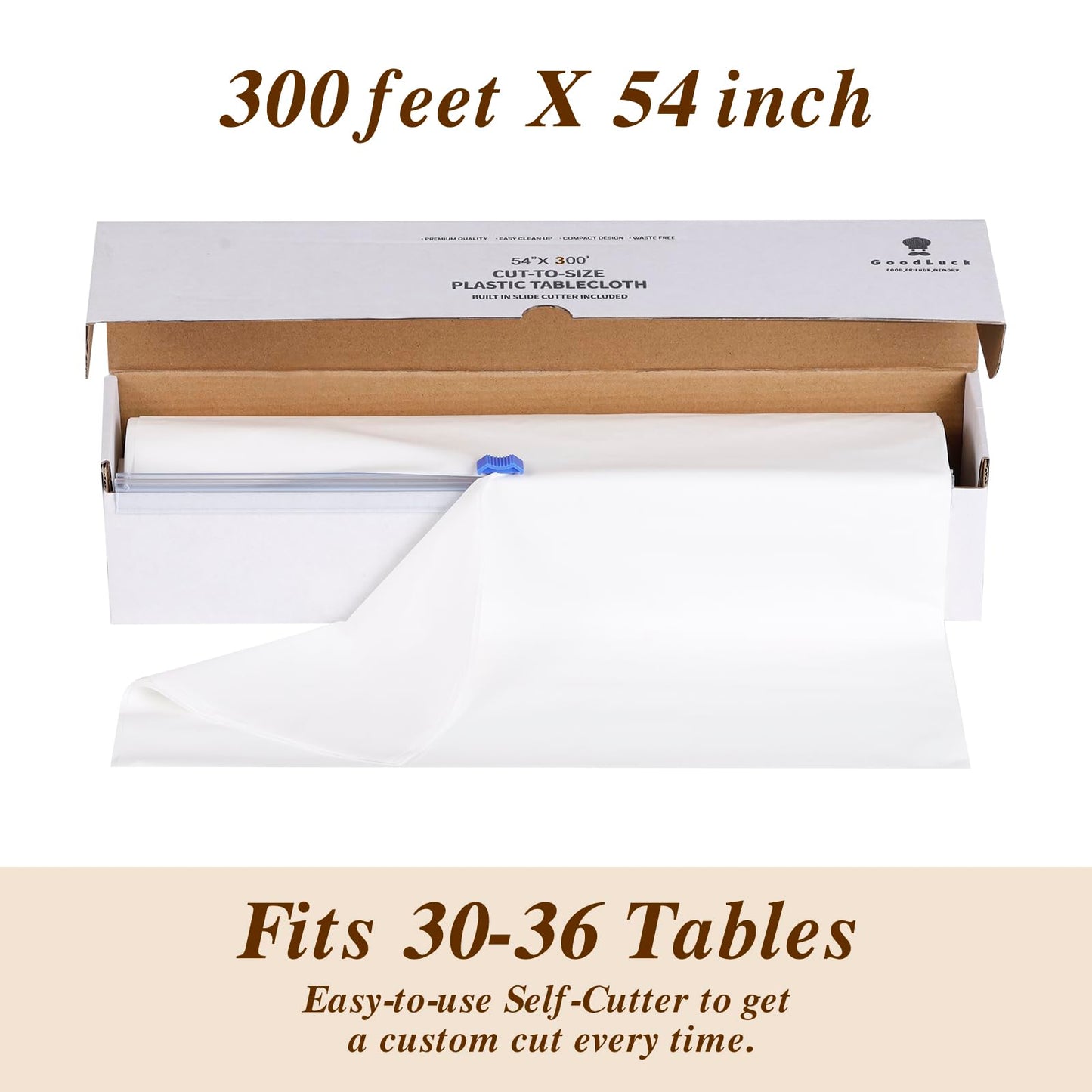 Goodluck 54 Inch X 300 Feet Plastic Table Cloths with Cutter Box, White Disposable Table Cover Roll, Plastic Tablecloth for Party, Banquet, Wedding, Birthday, Anniversary