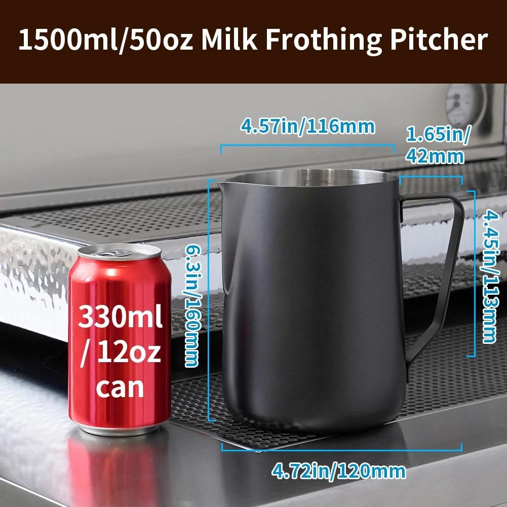 watchget Milk Frothing Pitcher 50oz/1500ml - Stainless Steel Espresso Steaming Pitcher for Cappuccino, Latte Art, Coffee Machine Accessories Milk Jug Frother Cup, Black