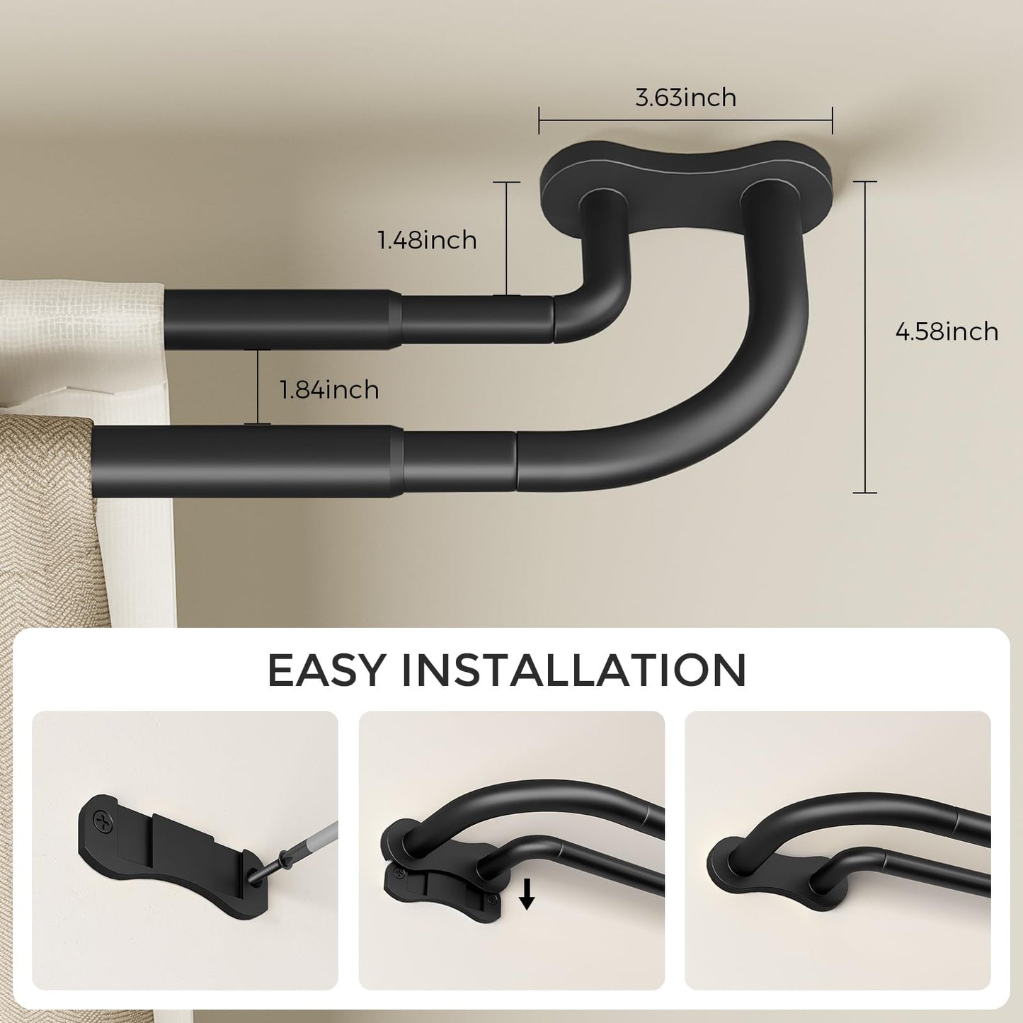 Double Curtain Rod 34-92 Inch, Black Wrap Around Blackout Dual Curtain Rods for Windows, Adjustable Heavy Duty Curved Spliced Room Darkening Double Rods, All Metal, Aluminium Bracket