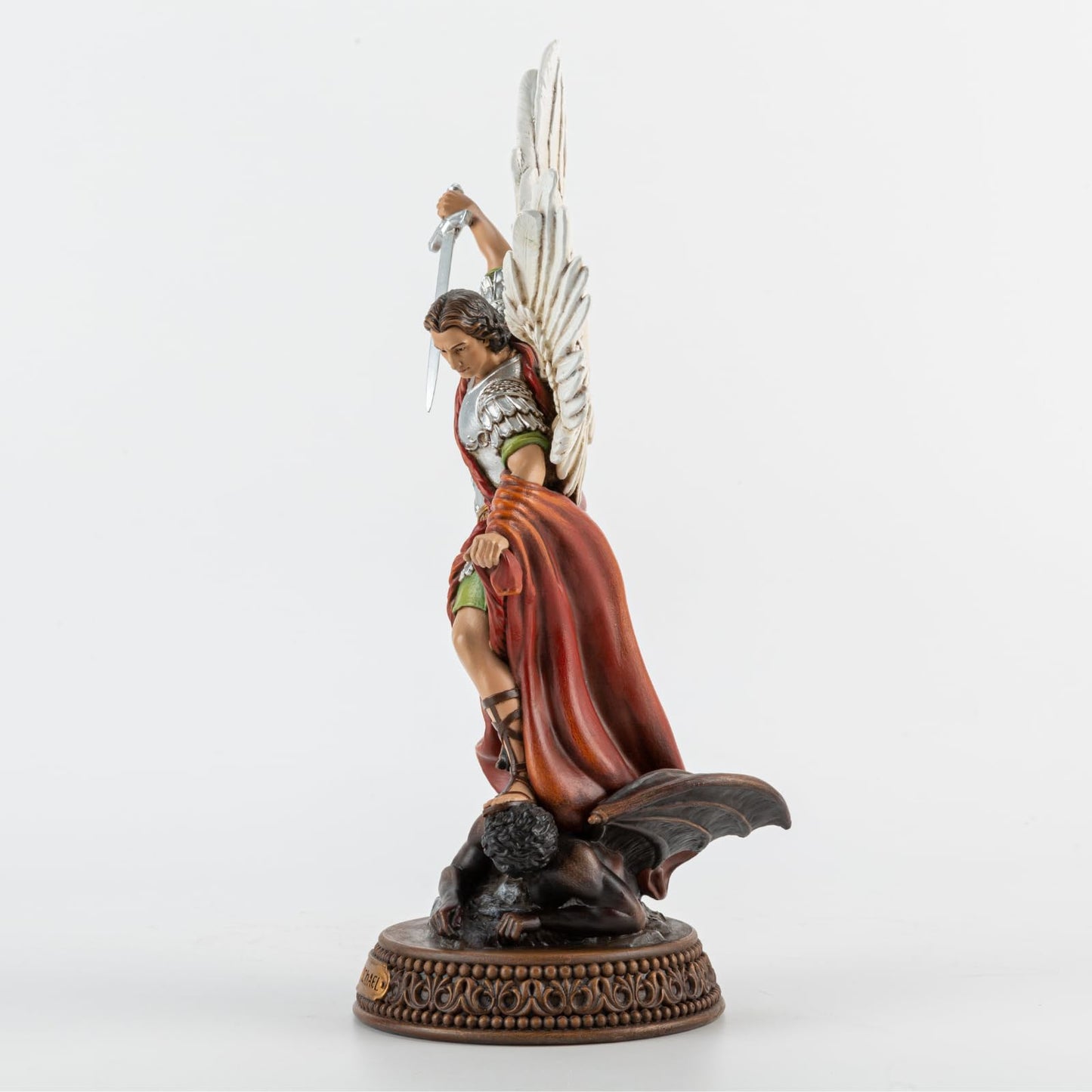 DevotedWalls St Michael The Archangel Painted in Full Color,12" H San Miguel The Great Protector Archangel Statue with Wings,St. Archangel Michael Defecting with Satan on Base with Name Plate