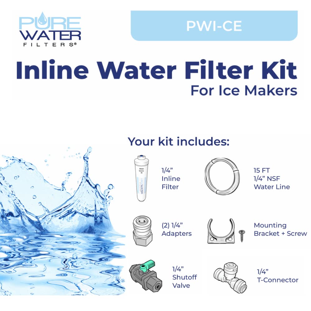 PureWater Filters Inline Water Filter Kit for Ice Maker with 1/4-Inch Direct Quick-Connect Fittings, Tubing and a T-Connector