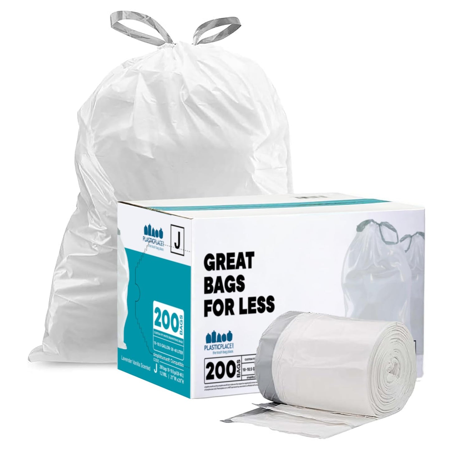 Plasticplace White Drawstring Lavender and Soft Vanilla Scented Garbage Can Liners, Compatible with Code J (200 Count) 10-10.5 Gallon / 38-40 Liter, 21" x 28 "