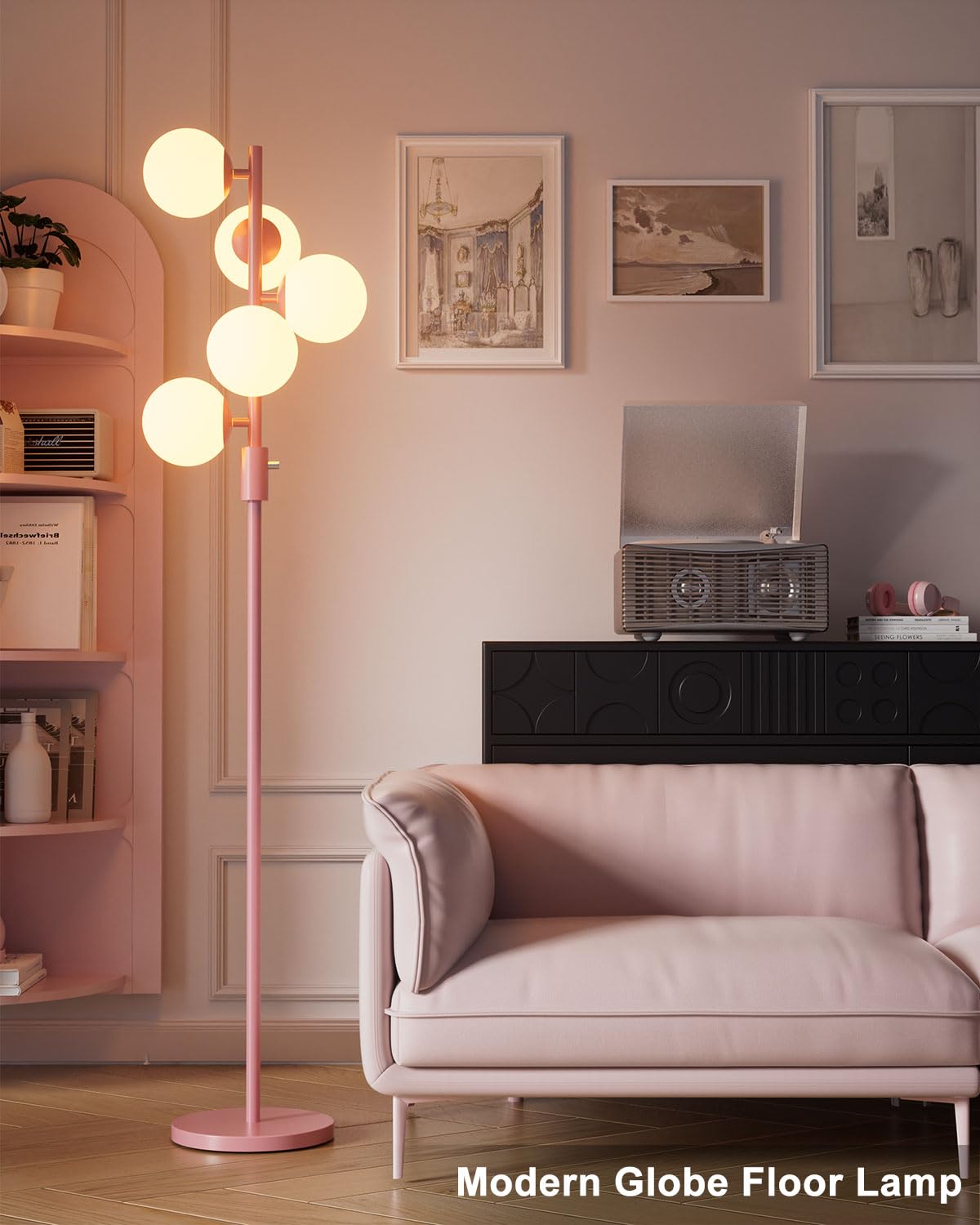 ACOHOOK 64IN Dimmable Pink Floor Lamp, Tall Standing Lamps with 5 Globe Soft Warm White Eye Care 3000K G9 Bulbs, Mid Century Modern Floor Lamp with 5Lbs Heavy Base for Living Room Bedroom Office