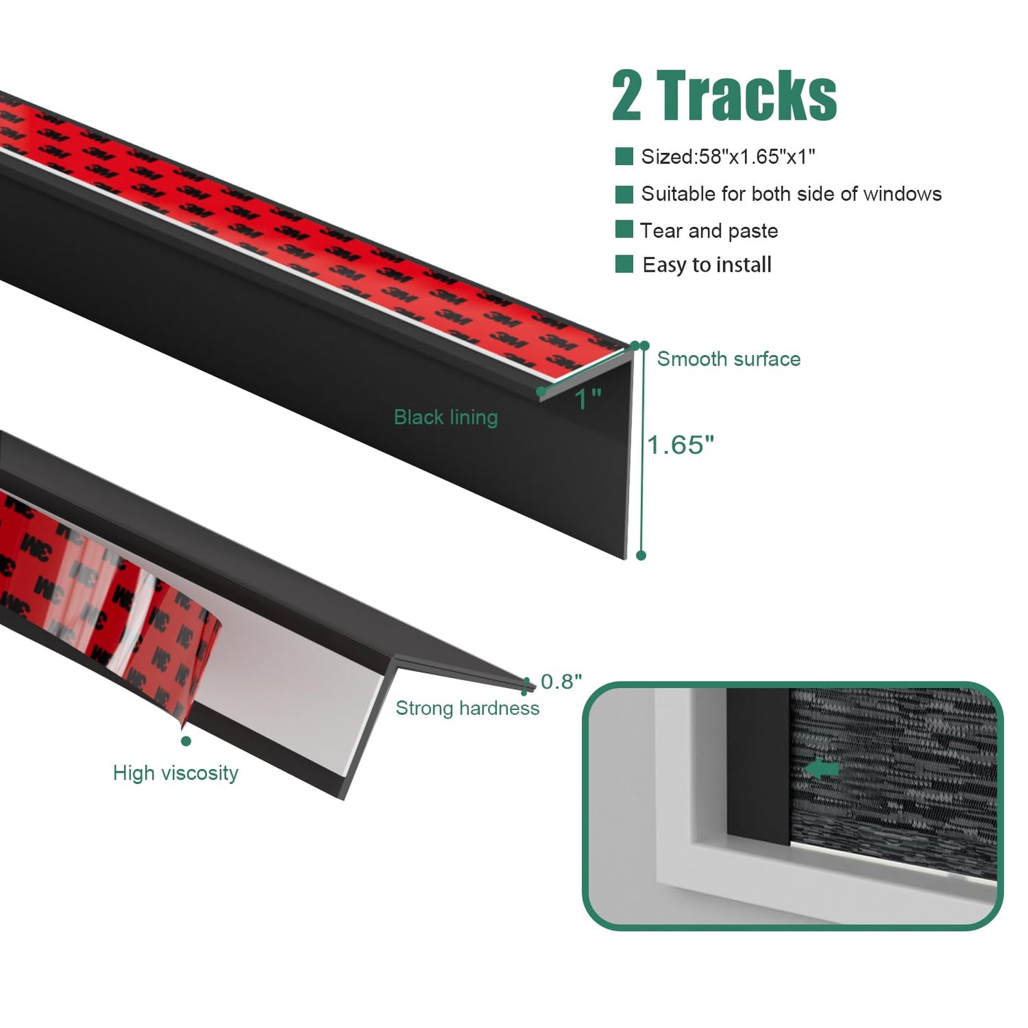 Bliwans Light Blocking Strips for Window Shades and Blinds, 100% Blackout PVC Side Tracks Light Blocker for Blinds, Window Light Blocker for Bedroom(Black, 58", 2PCS)
