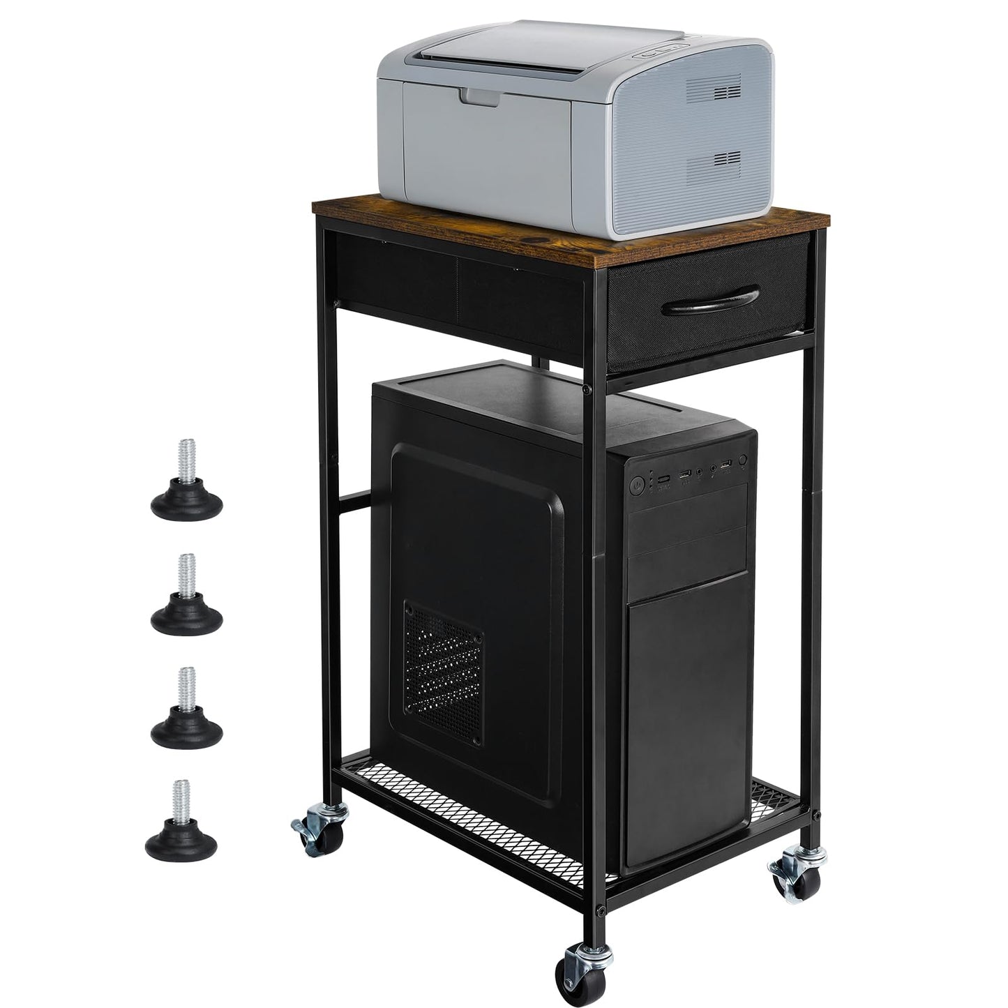YBING Computer Tower Stand PC Tower Stand with Storage Drawer Mobile CPU Holder Stand with Caster Wheels 2 Tier Rolling Computer Tower Cart for Home Office Fax, Rustic Brown