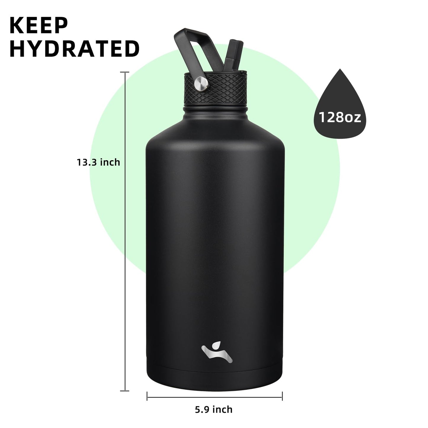 Konokyo Gallon Insulated Water Bottle with Straw,128 oz 3 Lids Water Jug with Carrying Bag,Paracord Handle, Double Wall Vacuum Stainless Steel Metal Flask,Black