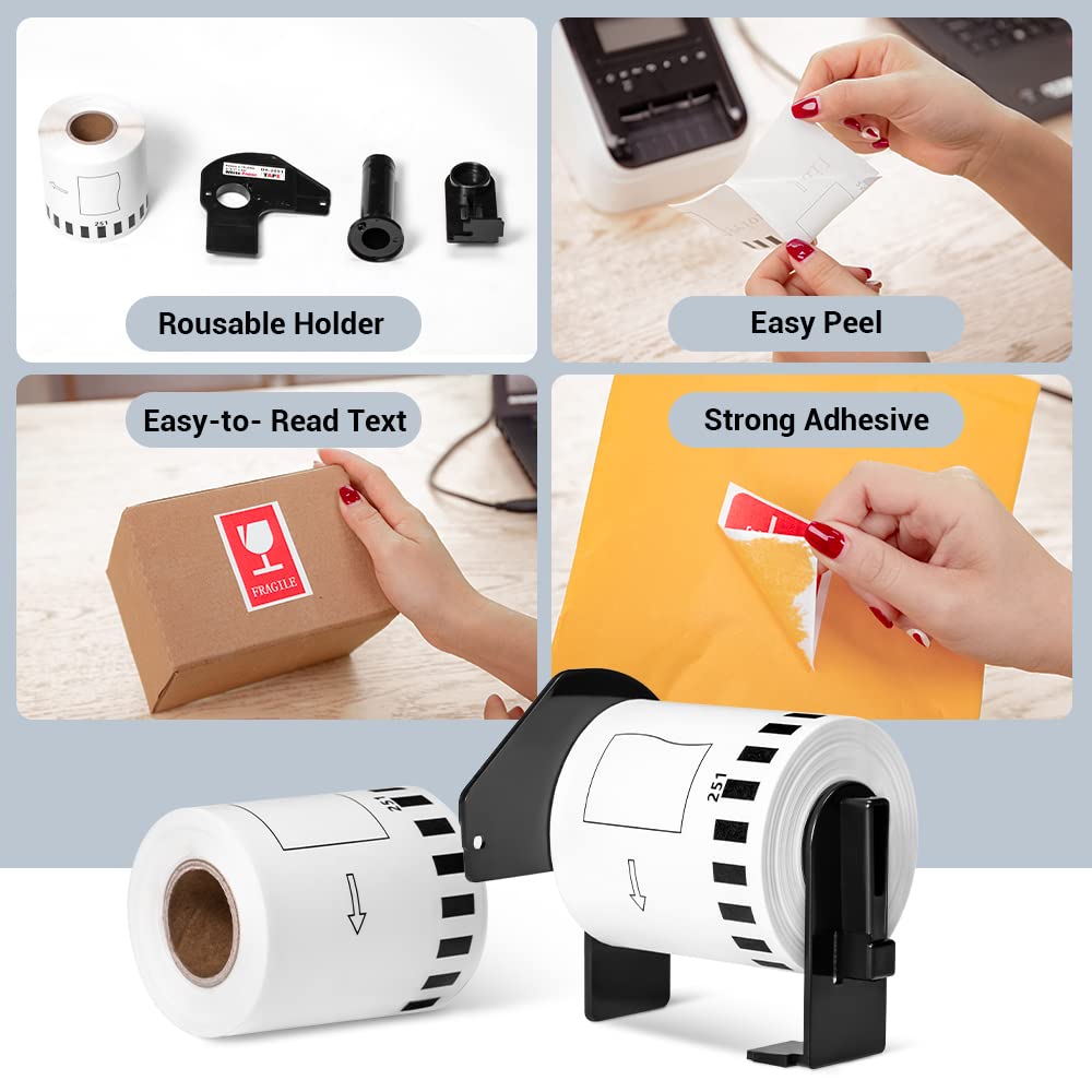DK-2251 Compatible with Brother 2-3/7" x 50' Black/Red on White Continuous Paper Labels DK2251 for QL-800, QL-810W, QL-820NWB Printers, 3 Rolls+1 Frame