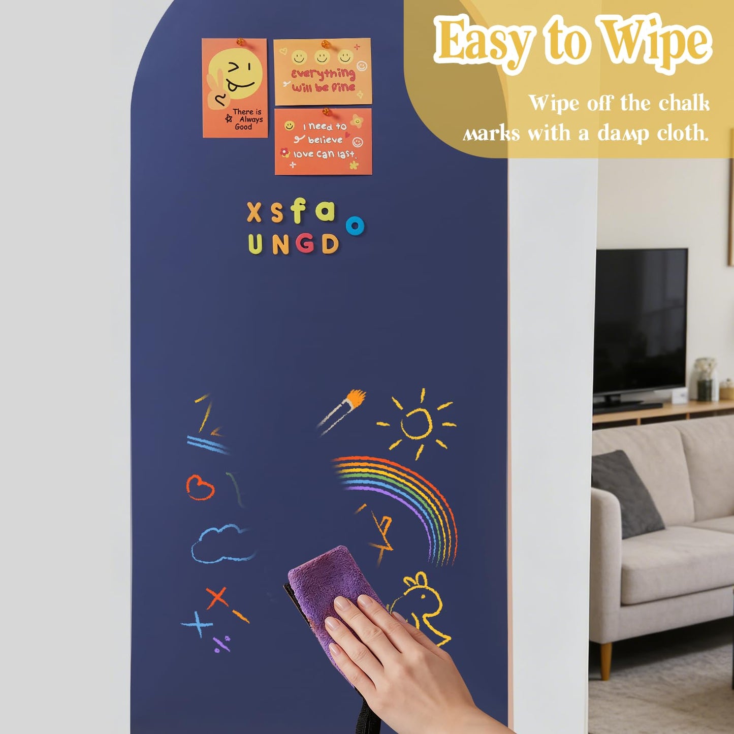 TJJINI Arch Magnetic Wall Decal 47.24" x 17.52", Magnetic Chalk Board Sticker, Magnet Chalkboard for Wall, Magnet Wallpaper Peel and Stick for Playroom Classroom with Chalks, Wiping Cloth (Navy Blue)