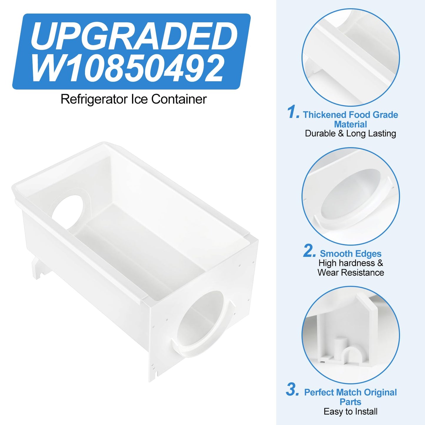 Upgraded W10850492 Refrigerator Ice Bucket Compatible with Whirlpool Kenmore Maytag Amana Ice Maker Replacement Parts W10670844 Ice Container Bin WRS321SDHB00 WRS322FDAM04 WRS321SDHZ05 WRS321SDHZ08