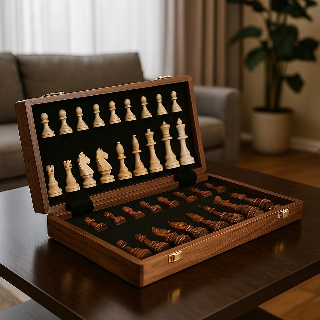 15'' Walnut Chess Set with Storage Board for Adults & Children, 2 Players