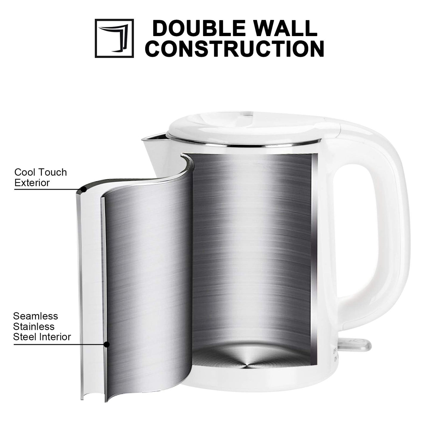 Secura Stainless Steel Double Wall Electric Kettle Water Heater for Tea Coffee w/Auto Shut-Off and Boil-Dry Protection, 1.0L (White) SWK-1001DW/HB-K012