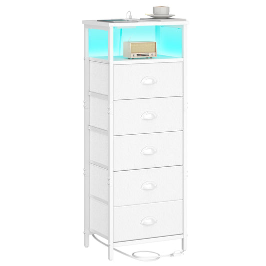 sthmec Nightstand with Charging Station,LED White Nightstands with 5 Fabric Drawers PU Finish, Bedside End Tables, 2-Tier Open Storage Shelf Side Table Nightstand with Drawers for Bedroom,White
