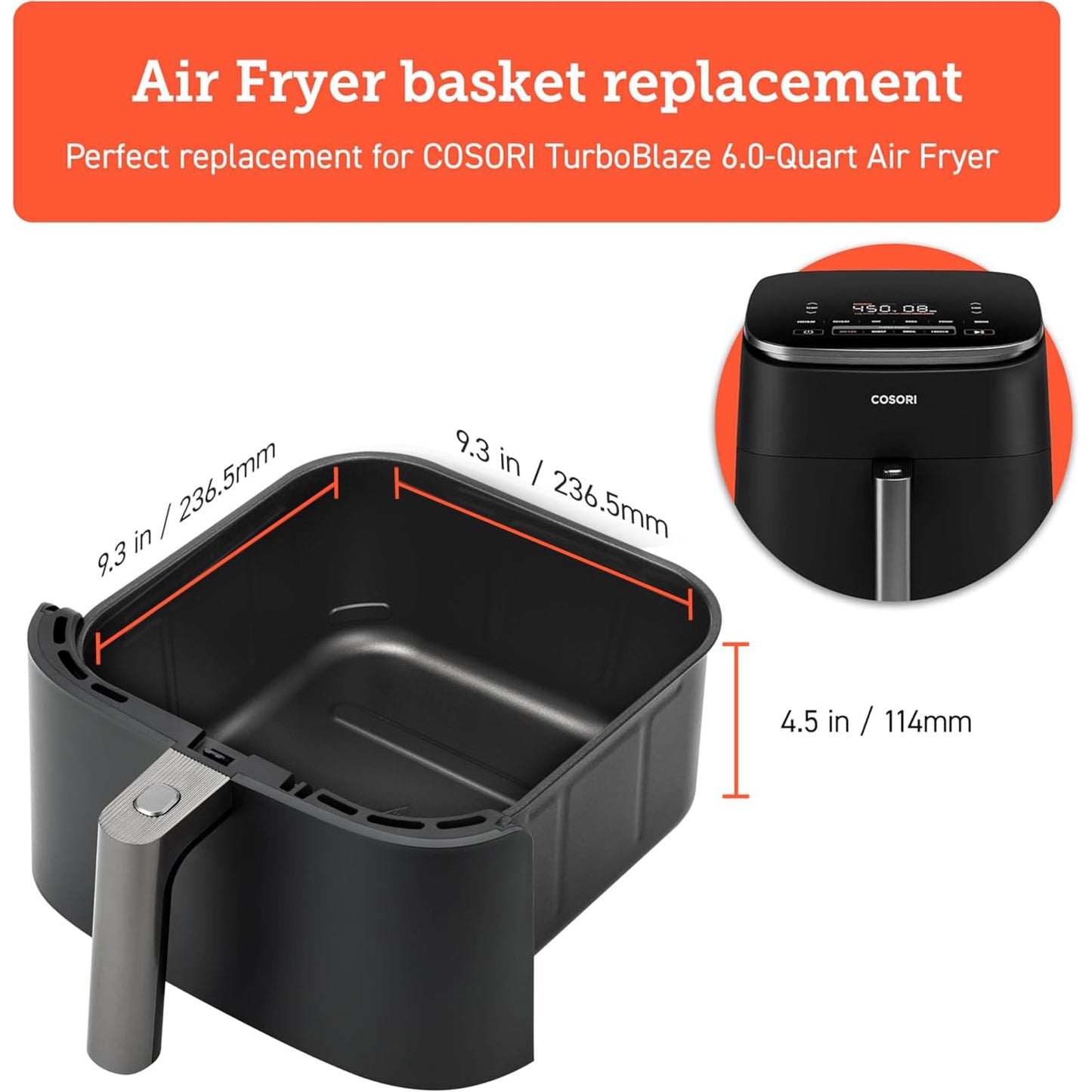 Cosori Turboblaze 6Qt Air Fryer Original Basket, Replacement Accessories for CAF-DC601-KUS Air Fryer, Ceramic, Non-Stick, Dishwasher-Safe, CRP-DC601RB-KUS, Dark Grey
