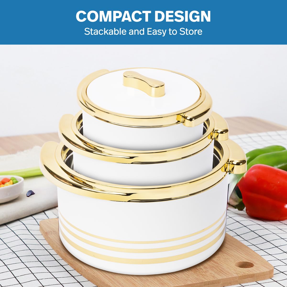 Pinnacle Insulated Casserole Dish with Lid 3 pc Set 3.7/2.6/1.5 qt. Hot Pot Food Warmer/Cooler –Thermal Soup/Salad Serving Bowl- Stainless Steel Hot Food Container–Best Gift Set for Moms –Holidays