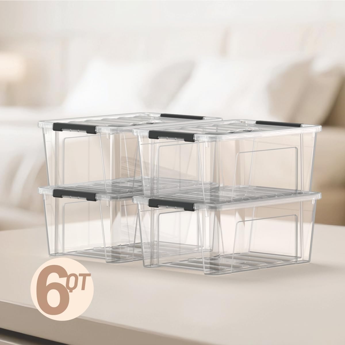 Krihan Clear 9-Pack Plastic Storage Bins with Lids, 6 Quart Stackable Containers Organization with Latch Buckle