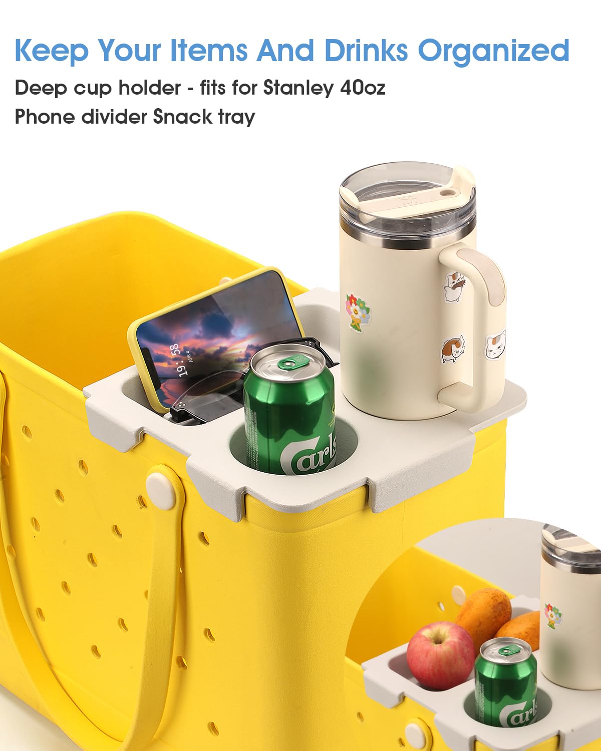 Tiga Topper Cup Holder Tray Accessory for Bogg Bag X-Large - Fit for Stanley Cup - EVA Material is Water-Resistant - Women Phone Holder for Bogg Bag - Divider and Organizer - Patented (Light Gray)