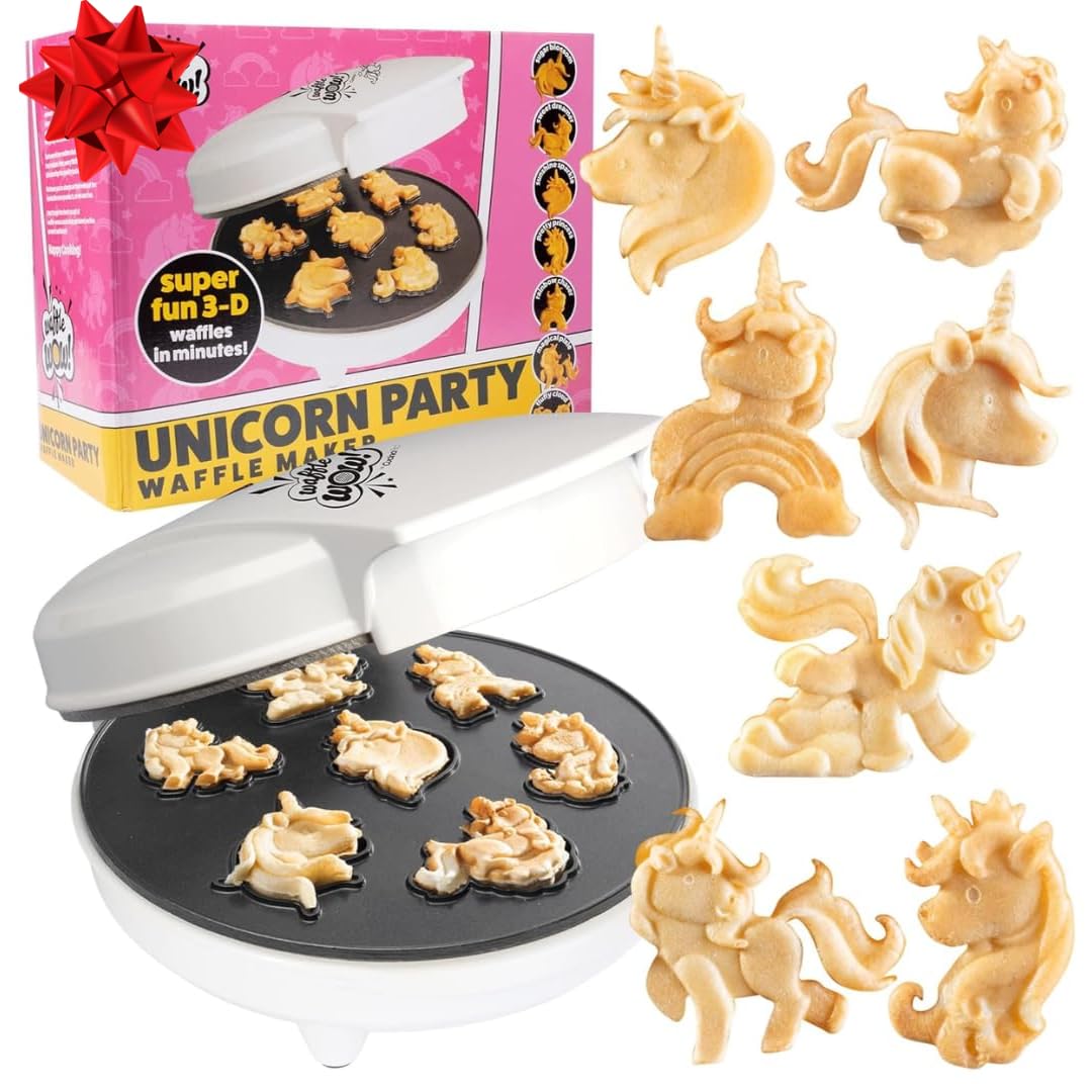 Unicorn Mini Waffle Maker- Creates 7 Different 3D Animal Shaped Waffles in Minutes- A Fun Cool Magical Breakfast for Kids, Girls & Adults- Electric Non-Stick Waffler Iron, Pancake Baker w Recipe Guide