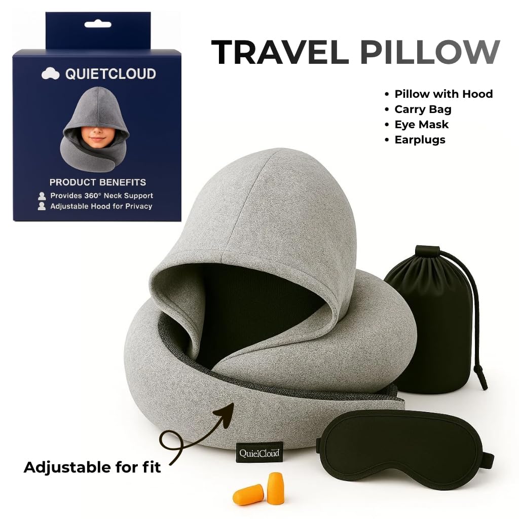 Travel Neck Pillow Hooded Memory Foam 360° Head & Chin Support, Lightweight Breathable Adjustable Fit Travel Neck Pillow with Eye Mask, Earplugs & Carry Bag for Airplanes, Car, Bus, Train & Long Trips
