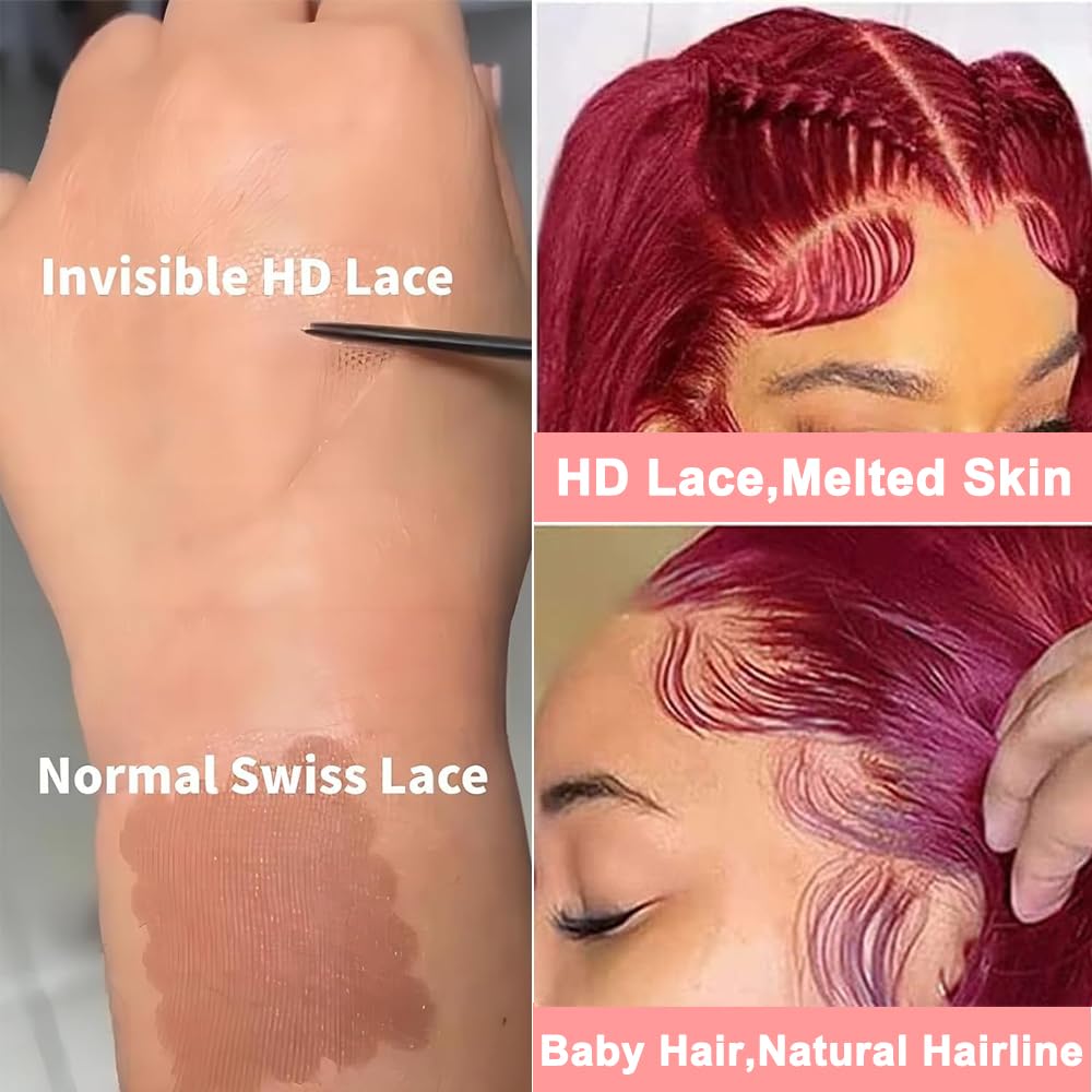 13X6 Burgundy Lace Front Wigs Human Hair 180% Density Body Wave Red Wig Human Hair Pre Plucked 12A Brazilian Virgin Hd Lace Frontal 99J Human Hair Wig Natural Hairline With Baby Hair(Burgundy, 24inch)