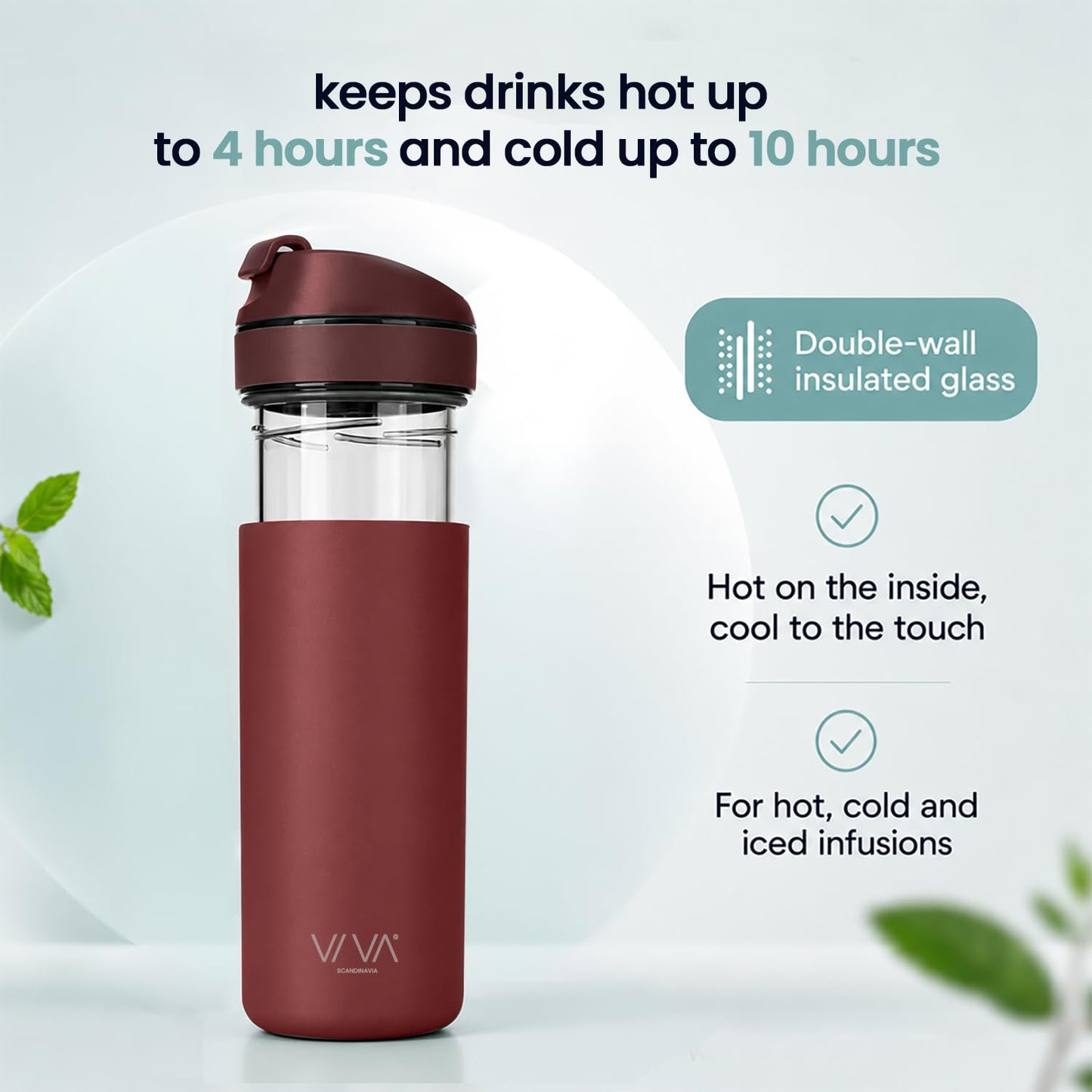 VIVA Recharge Fathers Day Tea Infuser Bottle, Gift for Dad, 16 oz Insulated Stainless Steel Travel Tumbler with Infuser, Hot & Cold Tea & Coffee, Patented Steep Control - Cranberry