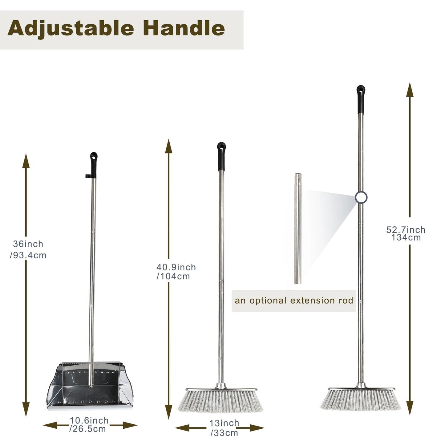 Metal Dustpan with Broom Set, Long Handle Stainless Steel Dustpan,Heavy Duty Standing Dust Pan with Teeth, Indoor Outdoor Up for Home Kitchen Lobby Room Office